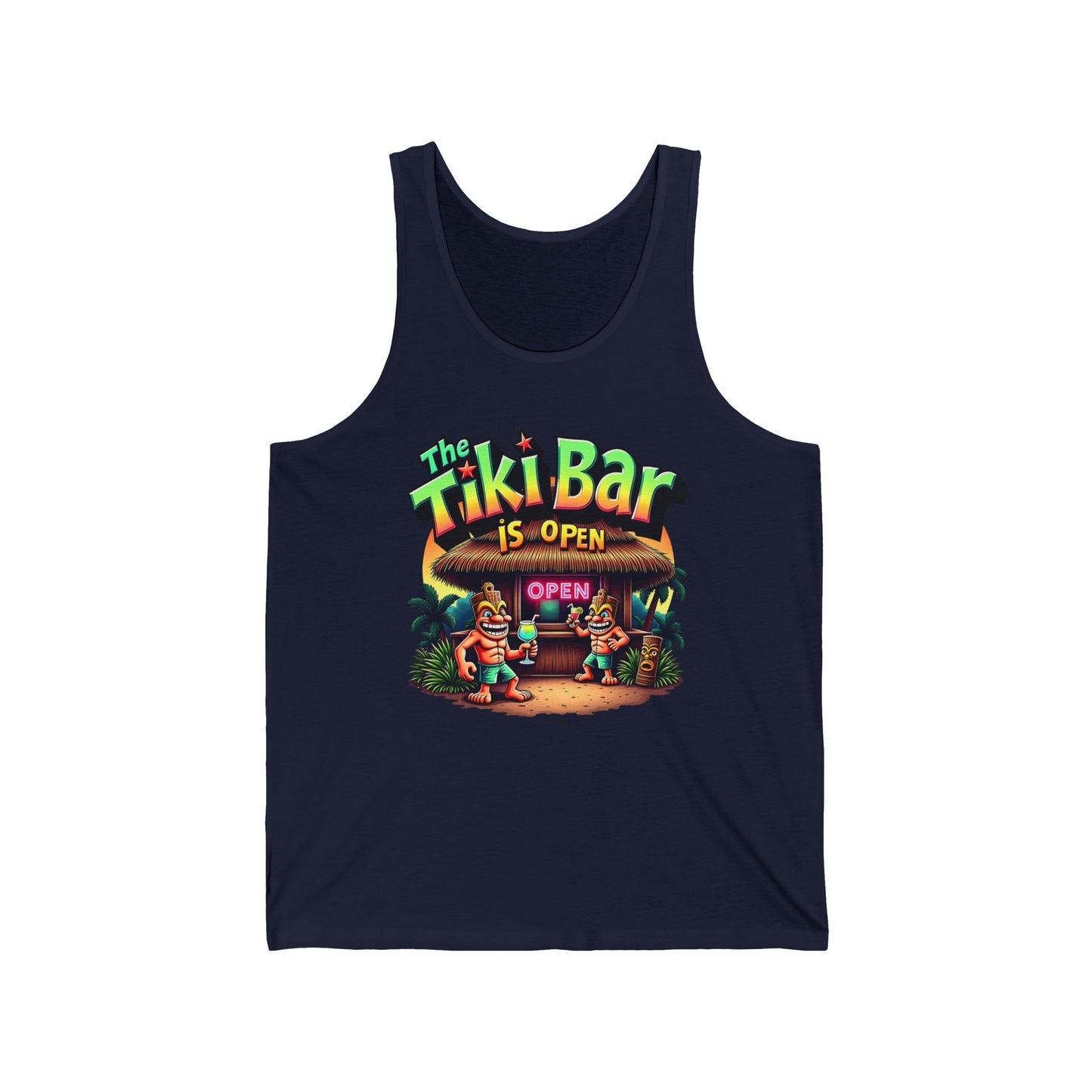 The Tiki Bar Unisex Jersey Tiki Tank Top features a colorful design with two tiki figures, tropical plants, a hut, and The Tiki Bar is Open lettering. Crafted from lightweight fabric for comfortable summer style perfect for beach lovers.