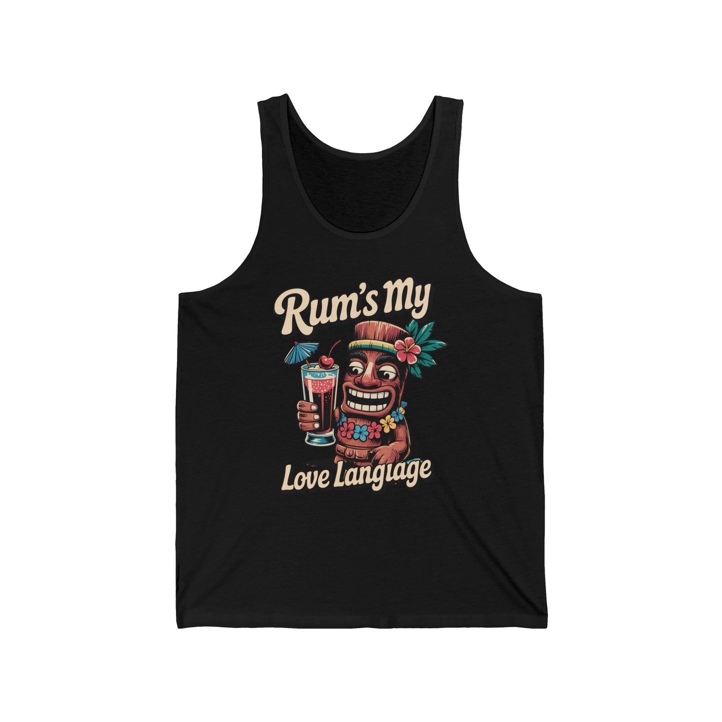 The Tropical Tiki Tank - Rums My Love Language Unisex Jersey Tank showcases a cheerful tiki with a rum cocktail, flower lei, and headband. Made from lightweight fabric, its a versatile choice for any occasion.