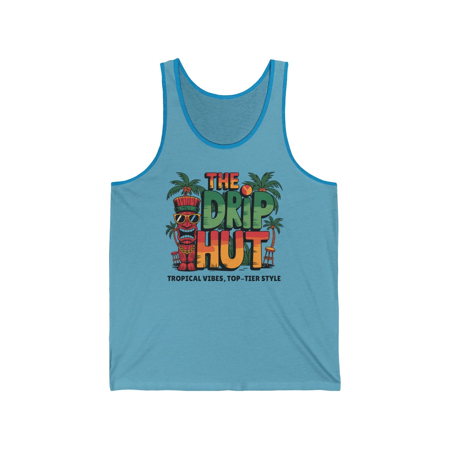 The Tropical Vibes Tiki Tank Top - The Drip Hut Design features a colorful tiki graphic, palm trees, and bold “The Drip Hut” text with the tagline “Tropical Vibes, Top-Tier Style”—a perfect addition to your summer wardrobe.