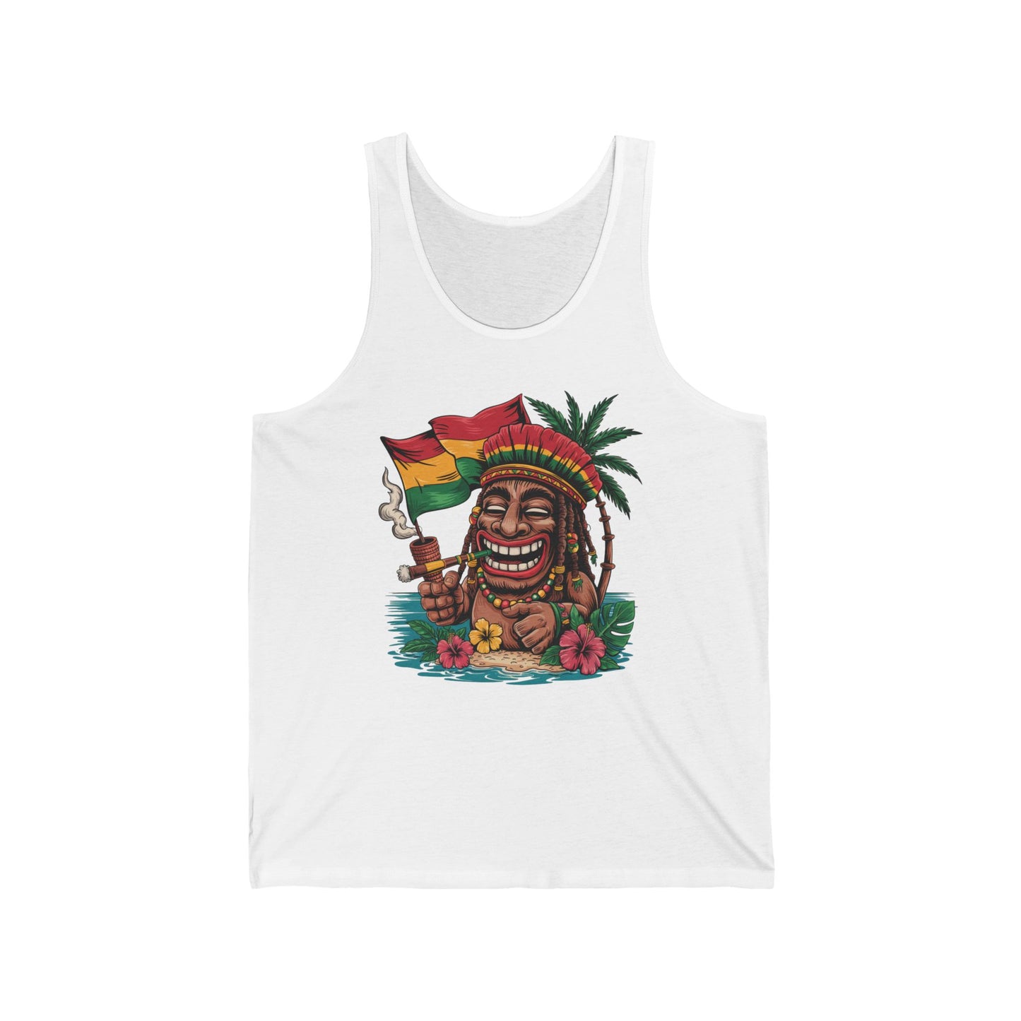Show off your carefree, summer-loving style with the Rasta Vibes Unisex Jersey Tiki Tank Top, featuring a colorful tiki figure in a vibrant headdress surrounded by palm trees and tropical flowers.
