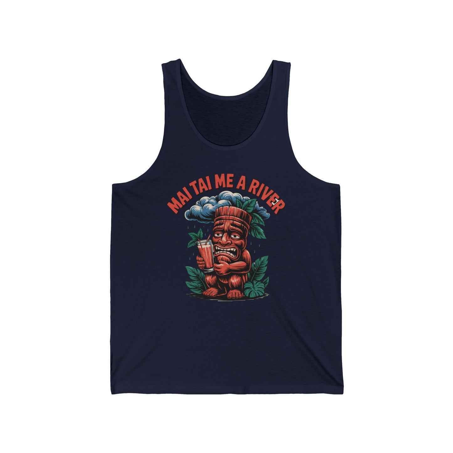 The Mai Tai Me A River Unisex Jersey Tiki Tank Top features a cartoon tiki with a drink and leaves, MAI TAI ME A RIVER in bold above, and lightweight fabric for the perfect summer vibe.