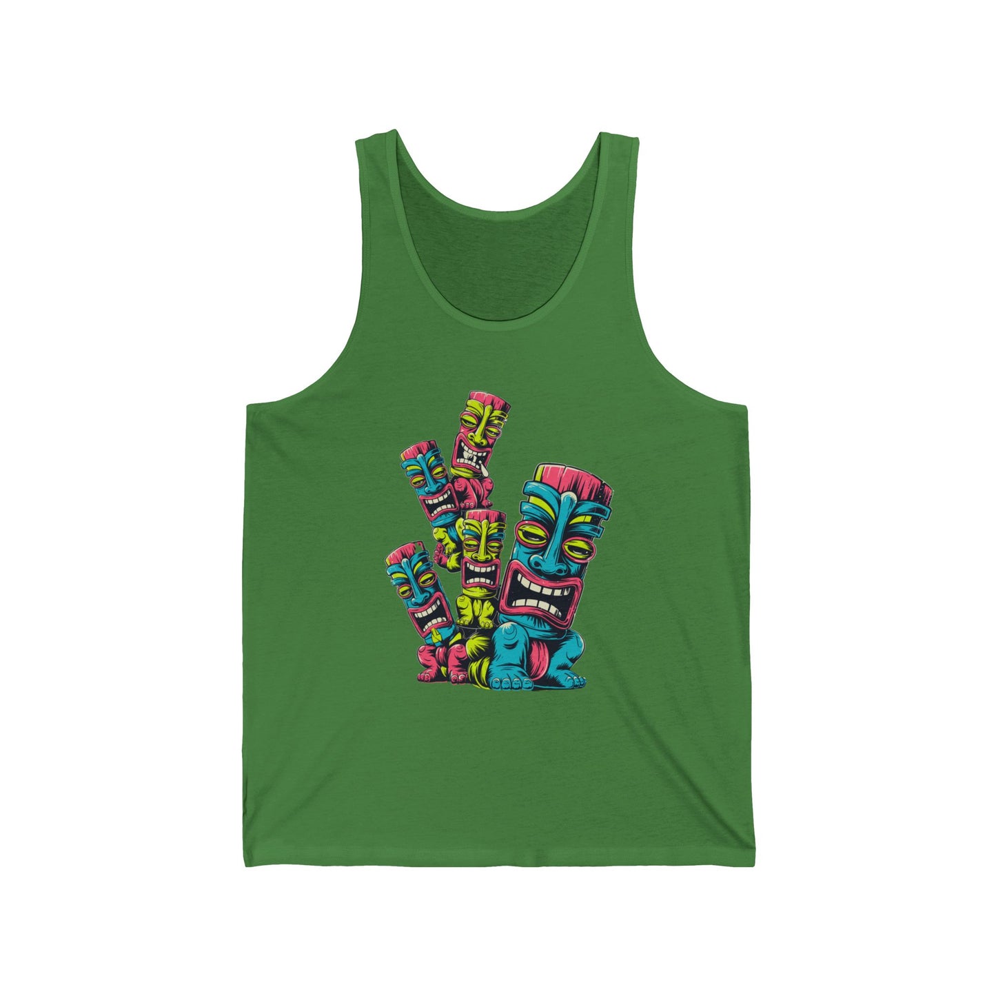 The Colorful Tiki Unisex Jersey Tank Top features five vibrant tiki masks in blue, pink, yellow, and red—perfect for summer vibe beachwear or adding a tropical touch to your wardrobe.