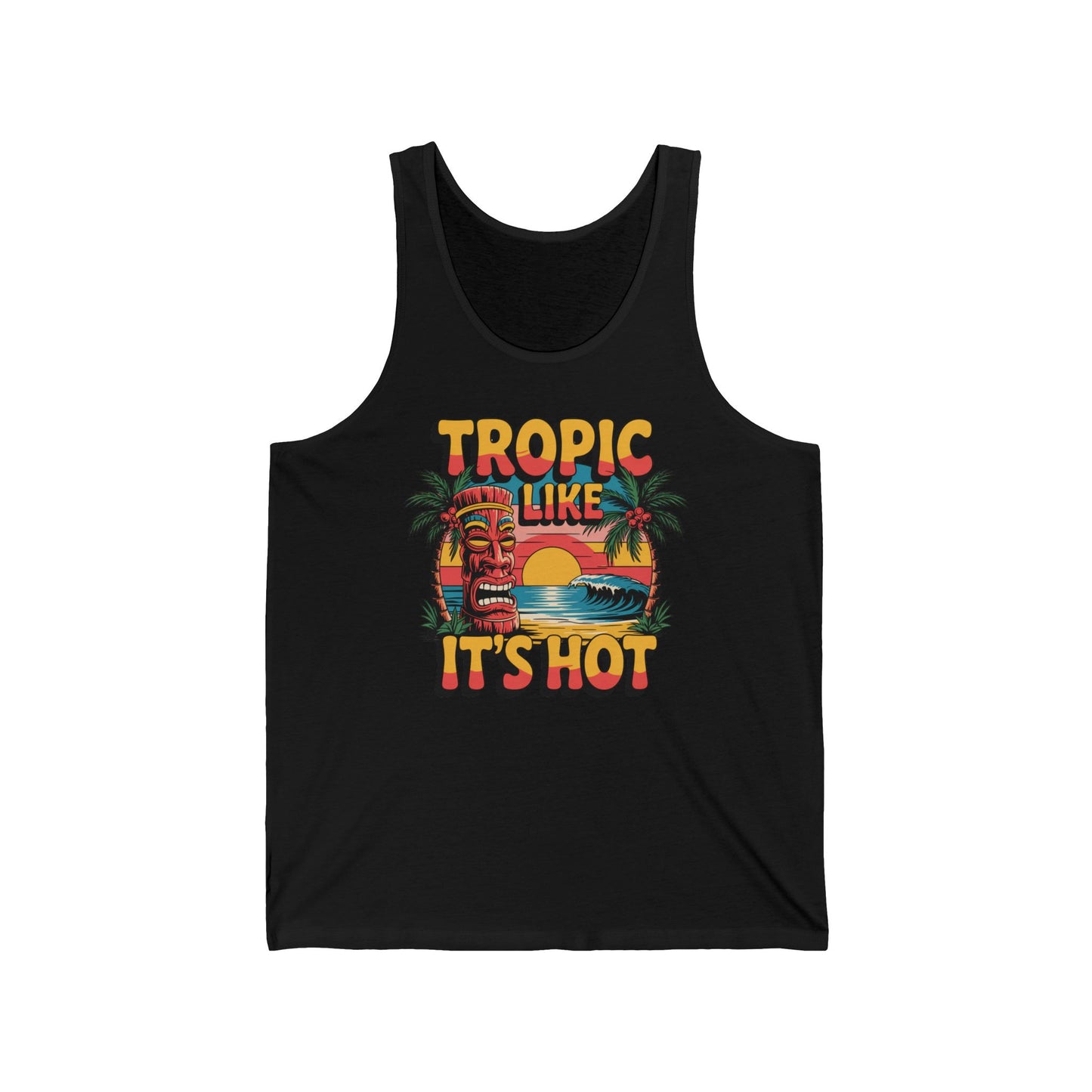 The Tropic Like Its Hot Tank Top - Summer Vacation Essential features a black tropical design with a tiki mask, palm trees, sunset, waves, and Tropic Like Its Hot in bold retro letters—ideal for summer vacations or beach trips.