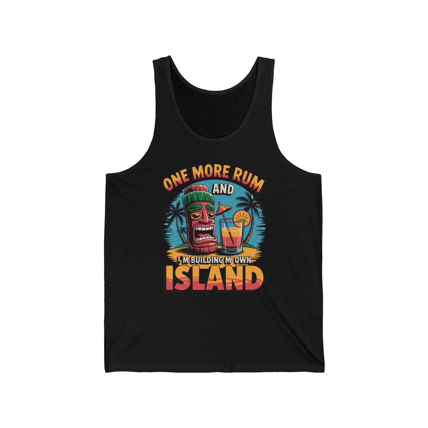The Tropical Building My Own Island Tank Top is a black unisex jersey with a tiki face, rum cocktail, palm trees, and the phrase “One more rum and I’m building my own island.” Lightweight for comfort—perfect for summer vacations and beach parties.