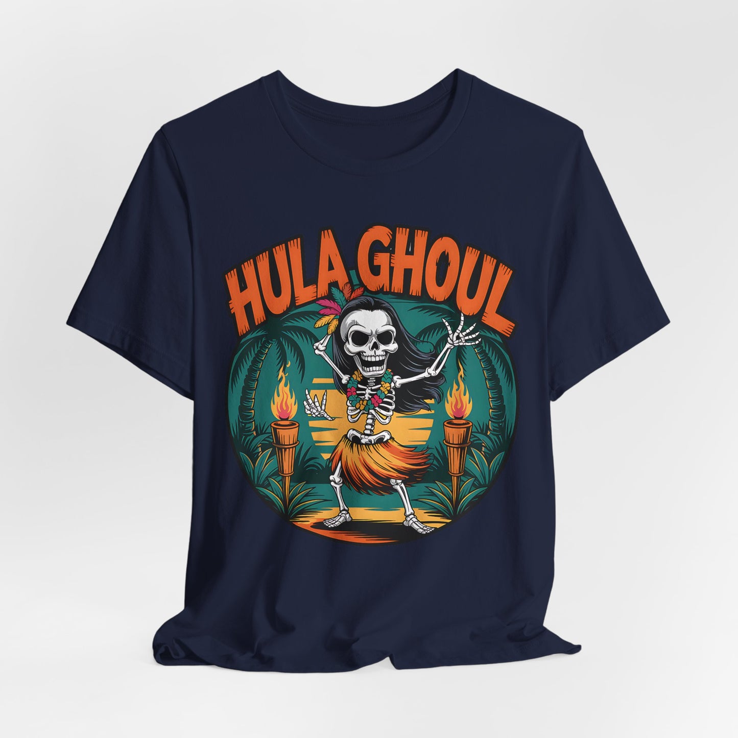 Navy blue t-shirt with a skeleton dancing in a hula skirt and 'Hula Ghoul' text on a white background