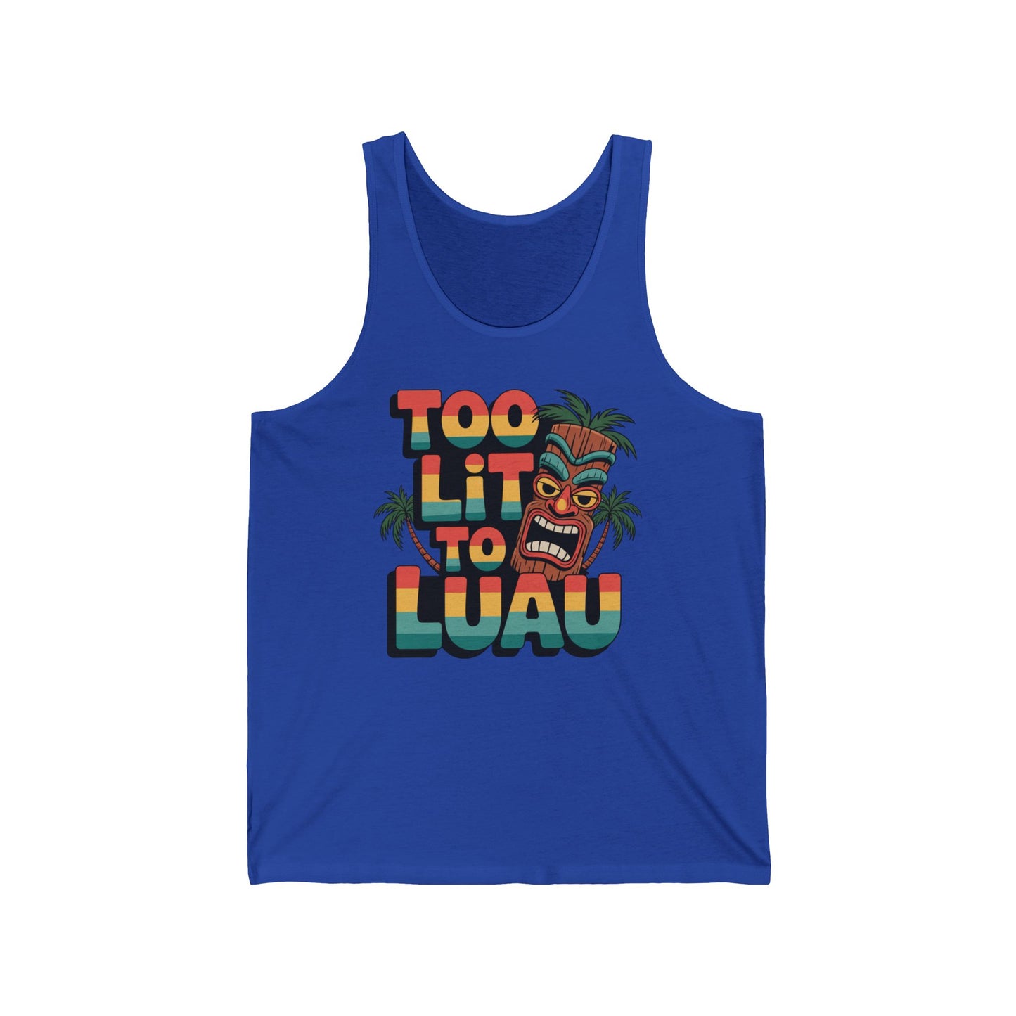 The Tropical Tank Top - Too Lit to Luau Unisex Jersey Tank is a bright blue tank with bold, colorful lettering, a tiki mask, and palm trees—an ideal summer pick for anyone who loves trendy, eye-catching styles.
