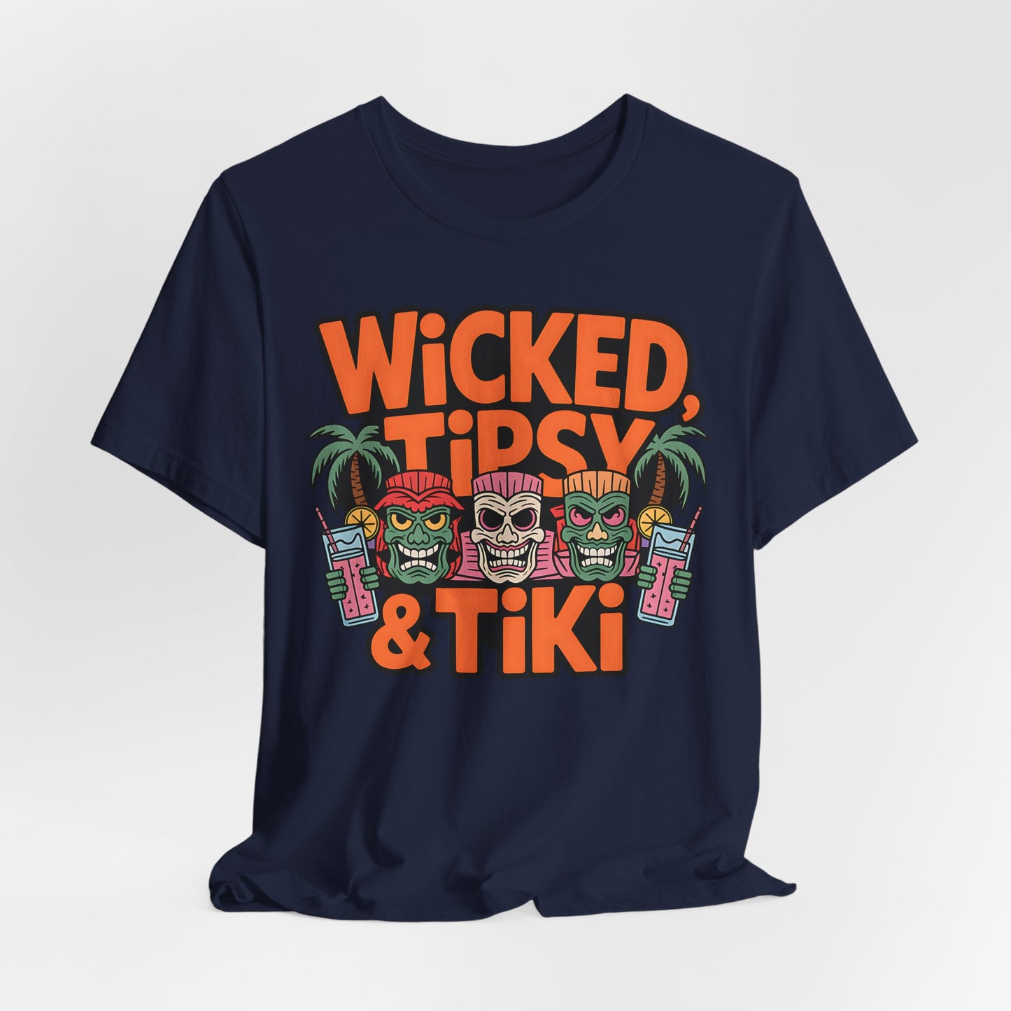 Navy blue t-shirt with colorful 'Wicked, Tipsy & Tiki' design on a white background