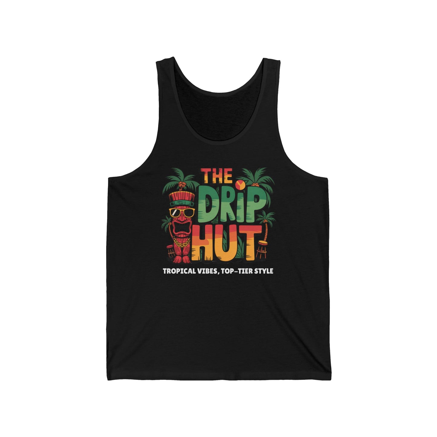 The Tropical Vibes Tiki Tank Top by The Drip Hut features a vibrant tiki in sunglasses, palm trees, and bold summer text on breathable fabric—perfect for any stylish summer wardrobe.