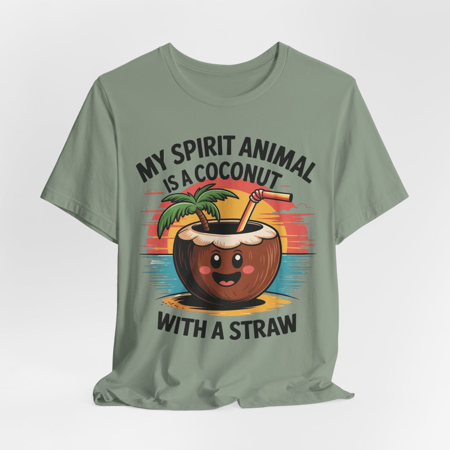 Bring on tropical vibes with the My Spirit Animal Coconut Tiki T-Shirt—a fun unisex jersey short sleeve shirt featuring a smiling cartoon coconut drink, palm tree, and the phrase My spirit animal is a coconut with a straw.