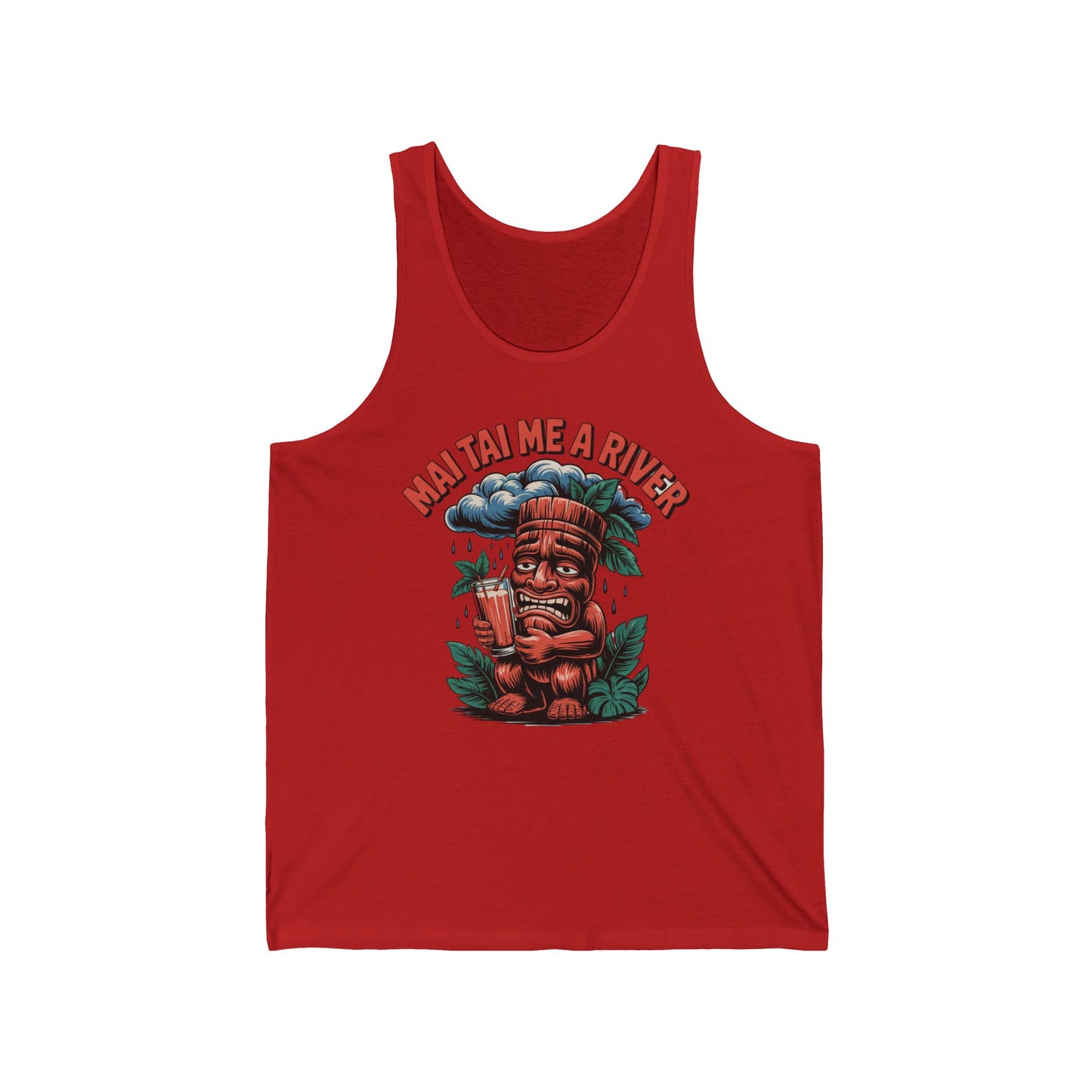 The Mai Tai Me A River Unisex Jersey Tiki Tank Top features red lightweight fabric with a tiki statue holding a drink, surrounded by leaves and a blue cloud, plus curved “MAITAI ME A RIVER” text above. Perfect for summer vibes!.