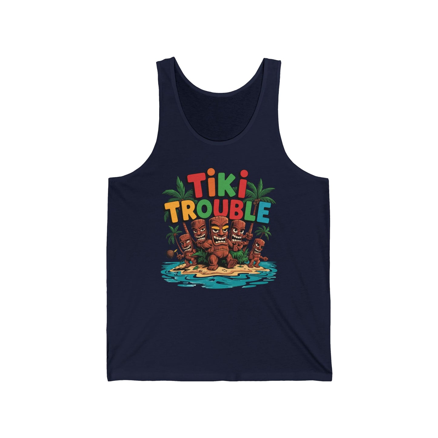 The Tiki Trouble Unisex Jersey Tank Top features colorful “Tiki Trouble” text above three tiki statues on an island with water and palms—perfect for summer vibes, beach adventures, or tropical-themed parties!.
