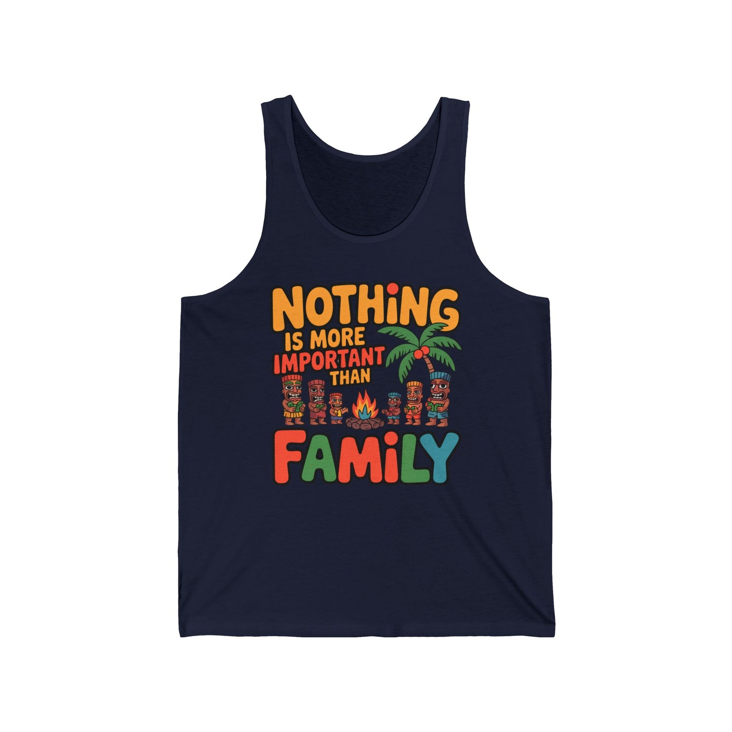 The Tiki Tank Top features a tropical design with palm trees, colorful text that reads “Nothing is more important than family,” and playful family-themed illustrations, making it perfect for summer gatherings.