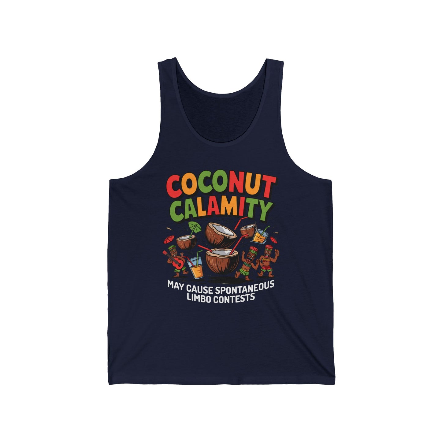 Get ready for summer fun in the Coconut Calamity Unisex Jersey Tiki Tank Top—featuring vibrant text and cartoon coconuts with maracas. Perfect for beach trips or limbo contests, this shirt keeps your look casual and playful all season!.