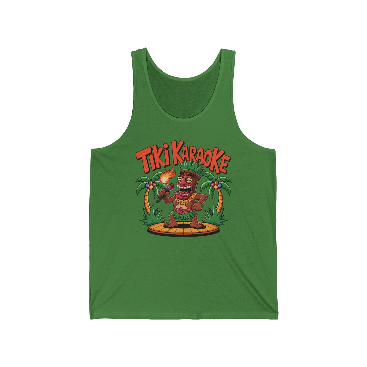 The Tiki Karaoke Unisex Jersey Tiki Tank Top is a lightweight green tank featuring a cartoon tiki with torch and mic among palm trees, topped with bold red Tiki Karaoke—ideal for summer vibes.