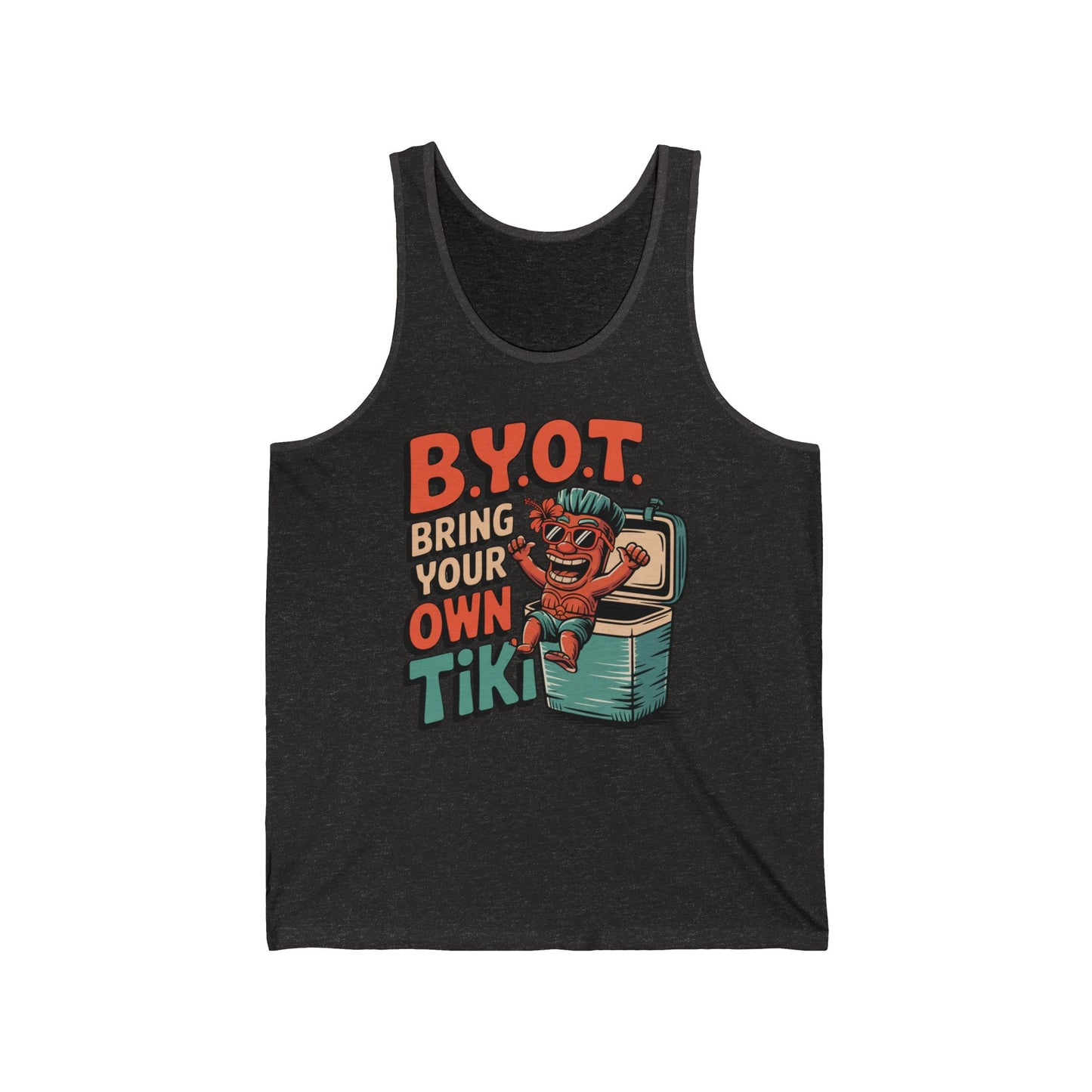 The Tiki Themed Unisex Jersey Tank features a colorful cartoon tiki on a cooler with “B.Y.O.T. Bring Your Own Tiki”—a fun, casual top perfect for summer gatherings and trendy, laid-back style.