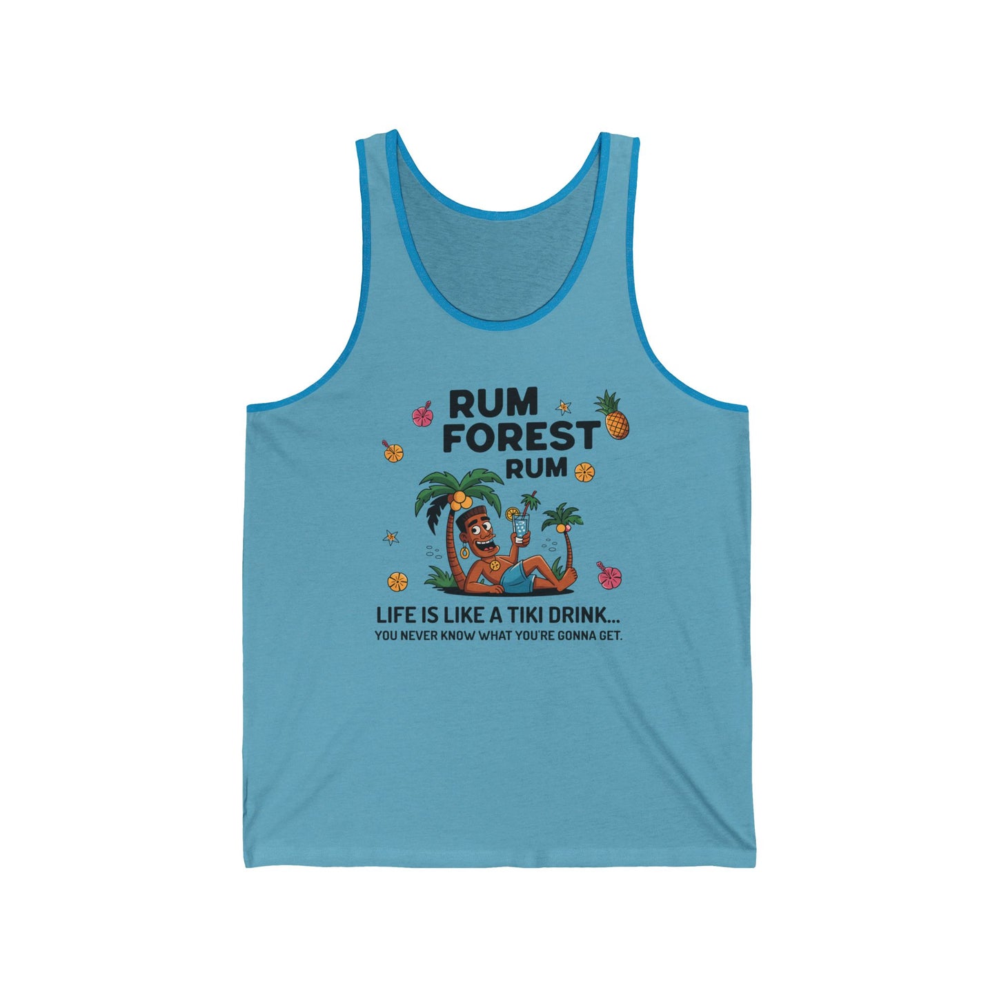 The Rum Forest Jersey Tiki Tank Top - Life is Like a Tiki Drink features a light blue unisex design with a tropical cartoon of a man lounging in a coconut drink. Made from lightweight, comfortable fabric—perfect for carefree days.
