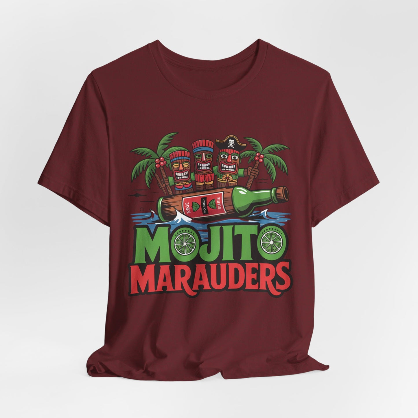 The Mojito Marauders Tiki T-Shirt - Unisex Jersey Short Sleeve features three colorful tiki figures, a pirate hat, palm trees, mojito bottle, lime slices, and bold “MOJITO MARAUDERS” text—perfect for tropical vibes and comfort.