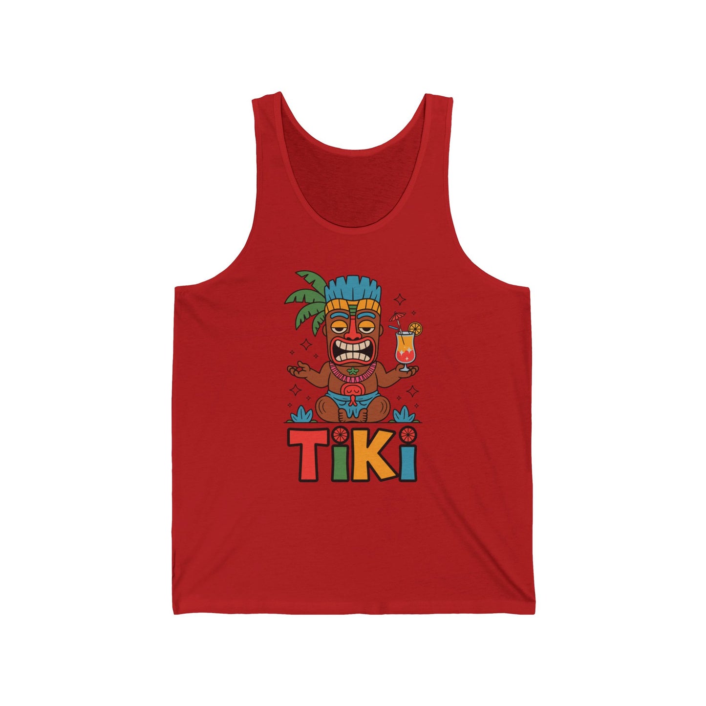 Tiki Themed Unisex Jersey Tiki Tank Top for Summer Parties & Beach Days features a vibrant cartoon tiki mask with a cocktail, palm leaves, and “TIKI” in bold multicolored letters—perfect for fans of tropical style.