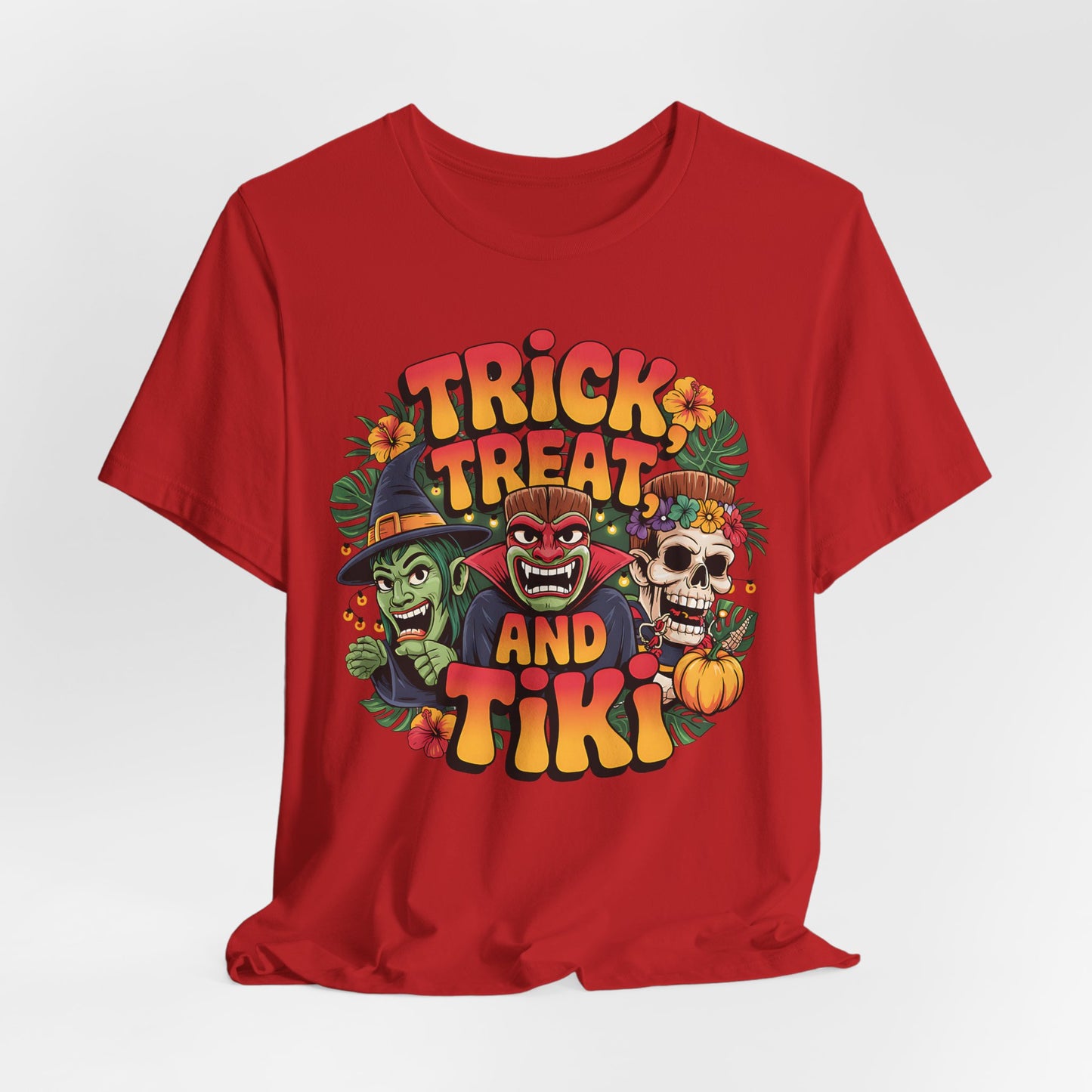 Red t-shirt with Halloween-themed design featuring characters and text on a white background