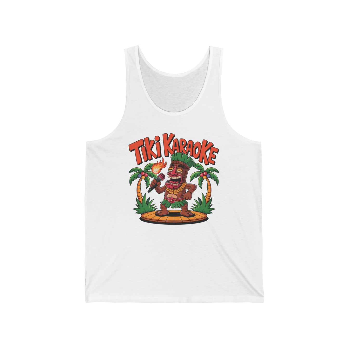 The Tiki Karaoke Unisex Jersey Tiki Tank Top features a vibrant cartoon tiki statue with a microphone and torch on stage, palm trees in the background, and bold red Tiki Karaoke text for ultimate summer style in a lightweight design.