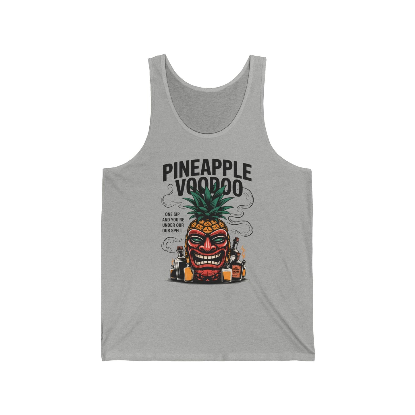 The Pineapple Voodoo Unisex Jersey Tank boasts a vibrant tiki-style pineapple head design with bottles, PINEAPPLE VOODOO text, and One sip and you’re under our spell”—perfect tropical summer vibe for beach parties and luau celebrations.