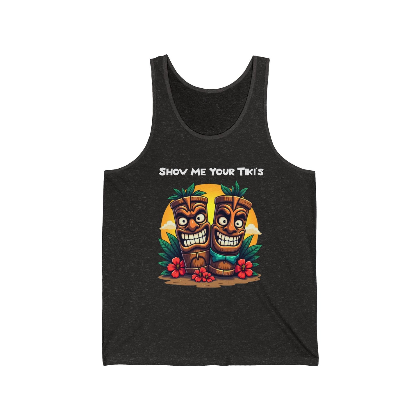 The Show Me Your Tikis- Tiki Tank Top for Summer Vibes features two smiling tiki statues with green leaves and red flowers on a yellow background. Lightweight unisex jersey is perfect for summer, with SHOW ME YOUR TIKIS in white above the design.