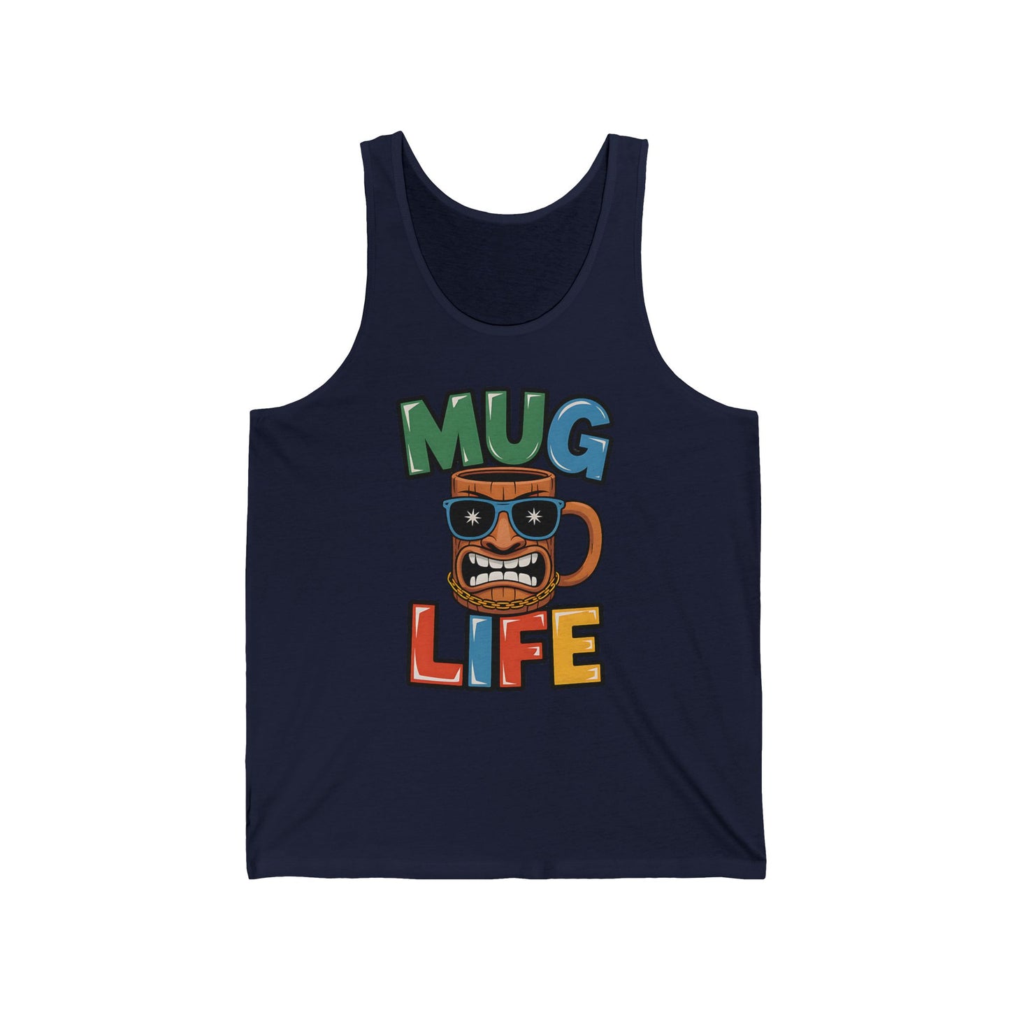 The Mug Life Unisex Jersey Tank is a navy blue summer top featuring MUG LIFE and a cartoon mug with sunglasses and a big grin—fun apparel for Tiki lovers.