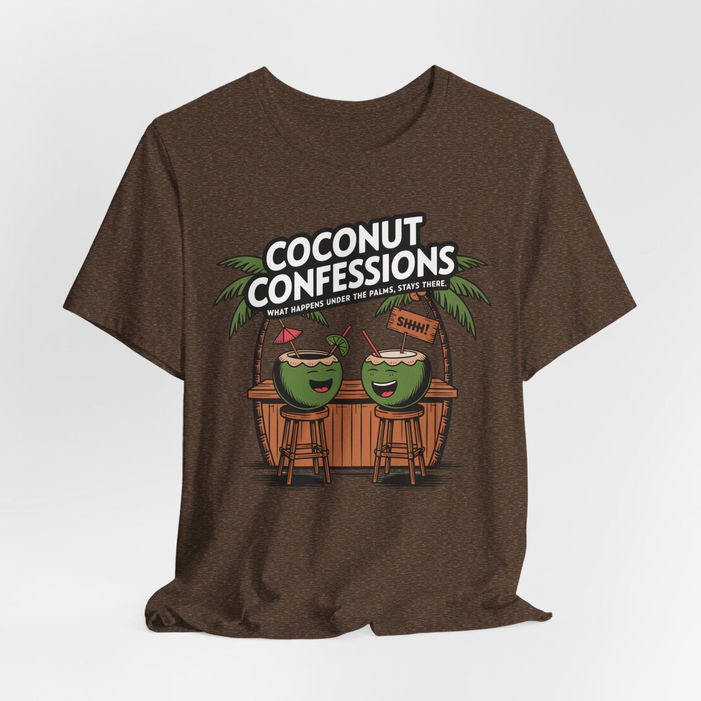 The Coconut Confessions Unisex Tiki T-Shirt – Fun Summer Vibes features two cartoon coconuts at a bar under palm trees with the phrase “COCONUT CONFESSIONS—What happens under the palms, stays there.” One coconut says “Shhh!” in a fun, soft cotton tee.