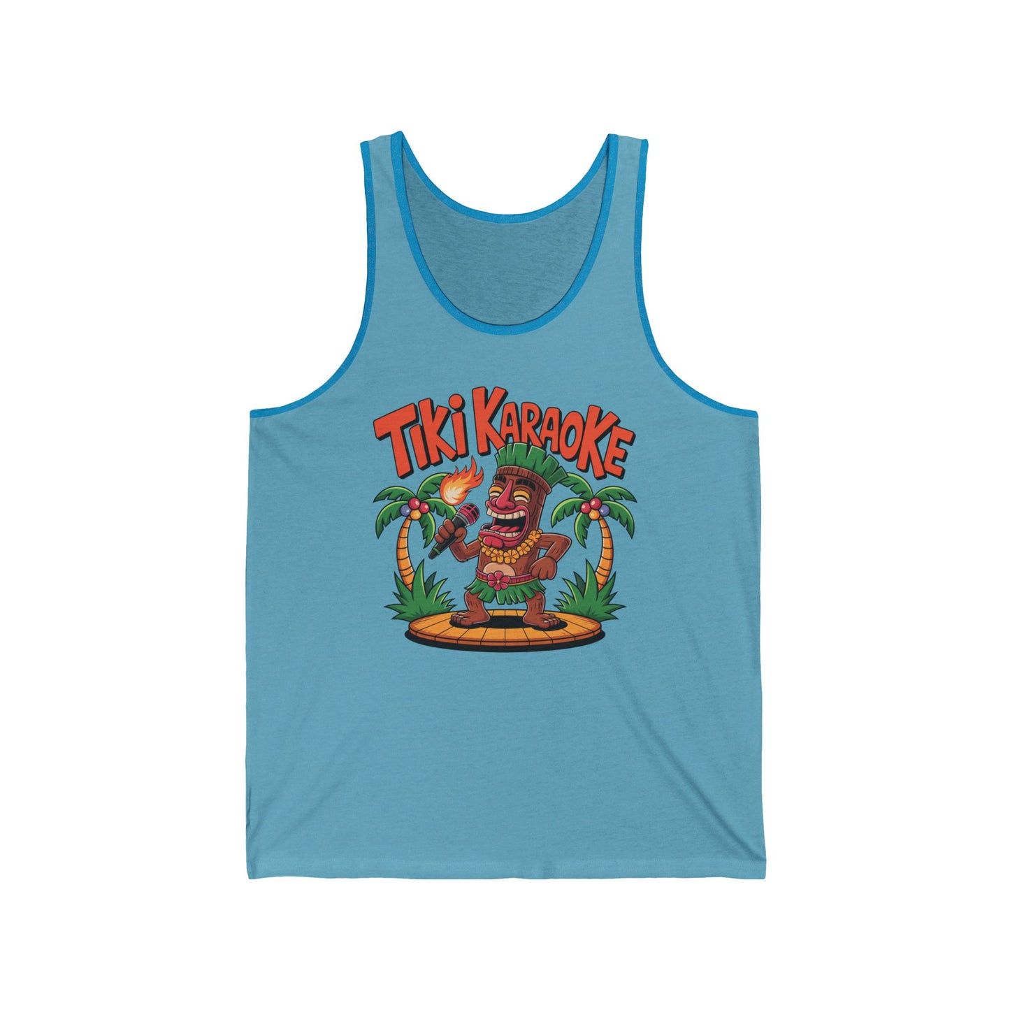 The Tiki Karaoke Unisex Jersey Tiki Tank Top features a playful cartoon Tiki with a mic and torch on stage, bold Tiki Karaoke text, palm trees, and lightweight fabric—perfect for fun summer style.