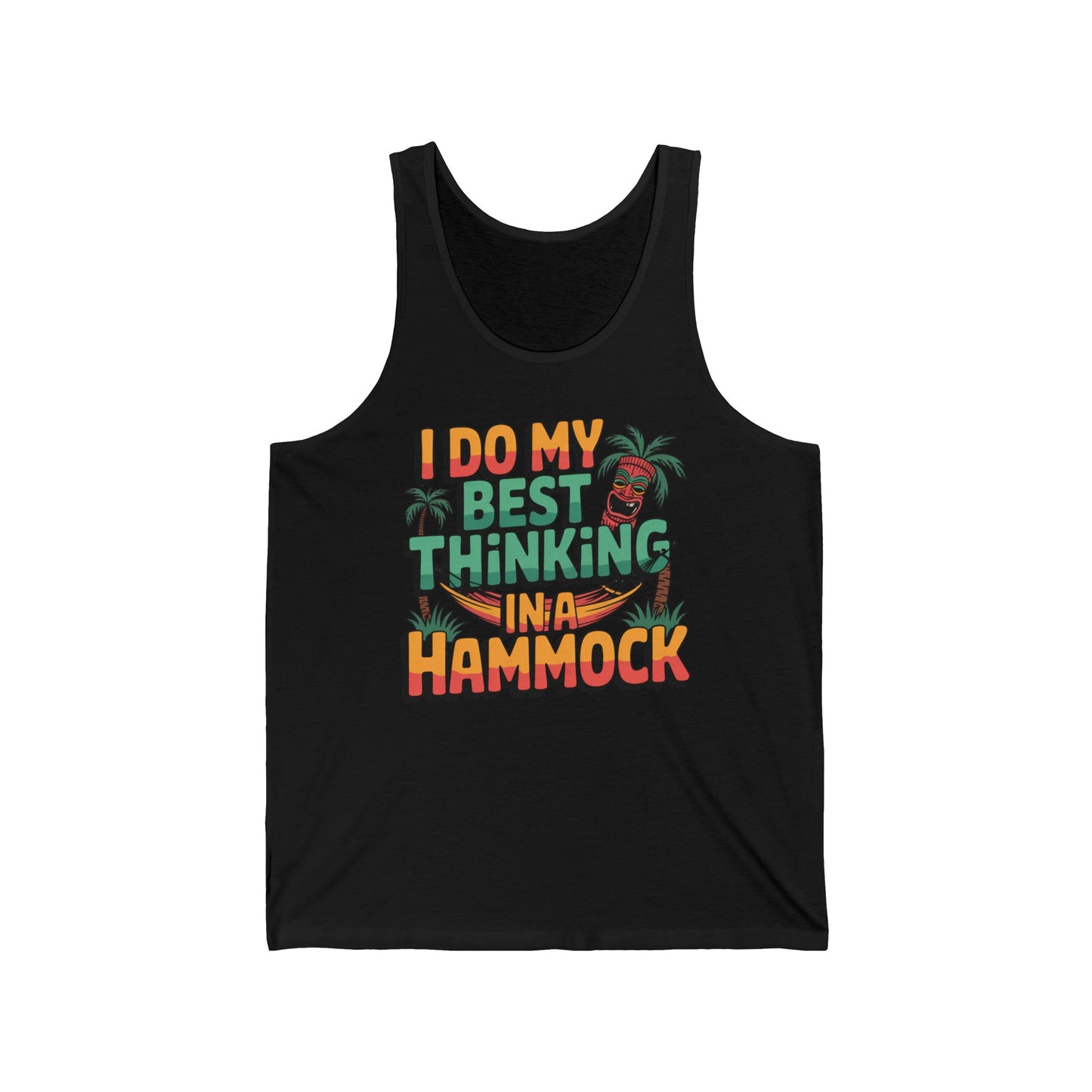 The Tiki Tank Top - Relaxed Tropical Vibe features colorful I do my best thinking in a hammock text with tropical leaves and a tiki mask, making it perfect for your next tropical getaway.
