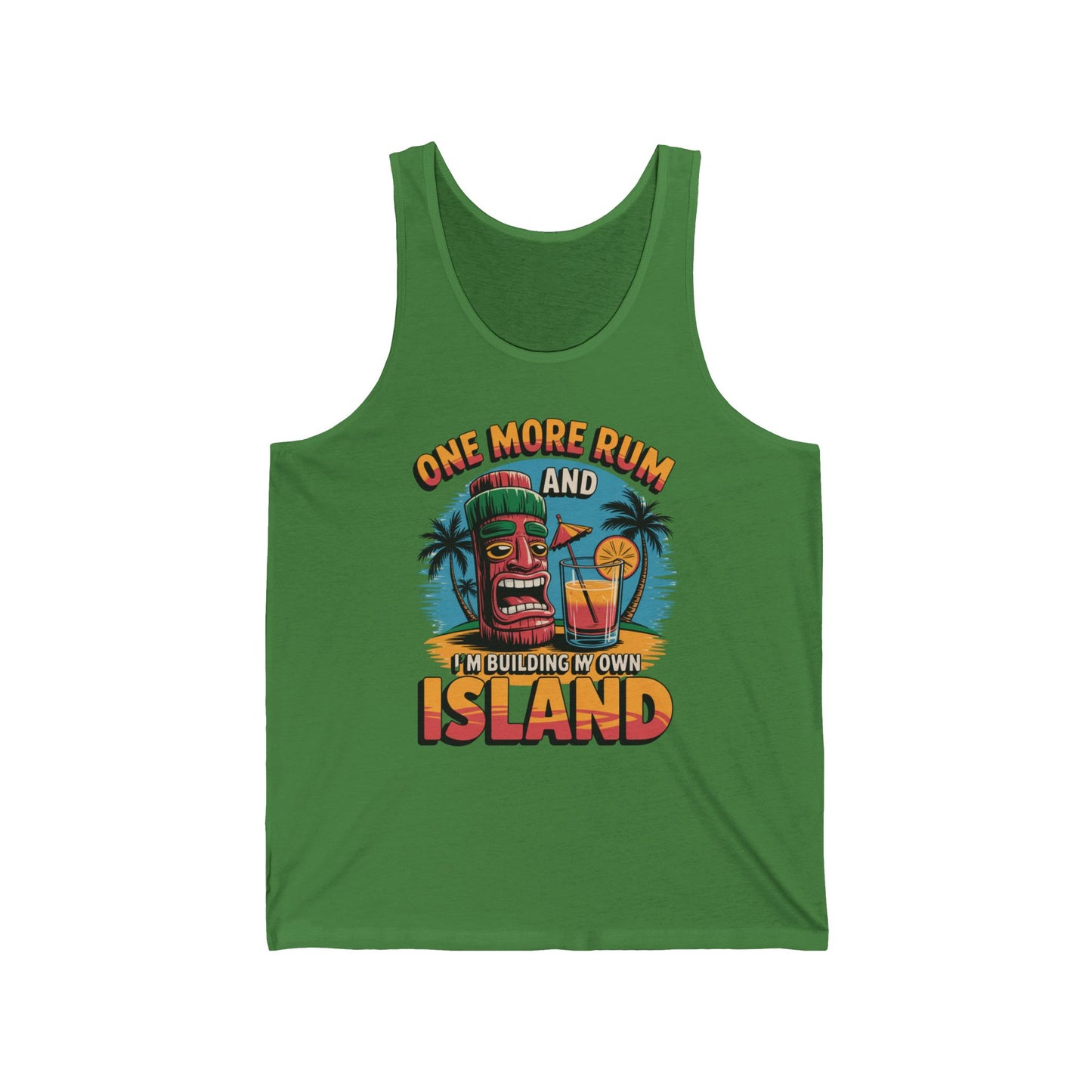 Tropical Building My Own Island Tank Top – vibrant jersey with tiki head, palm trees, and rum glass design. Lightweight unisex fit, perfect for summer vacations and beach parties. Text: One More Rum and I’m Building My Own Island.