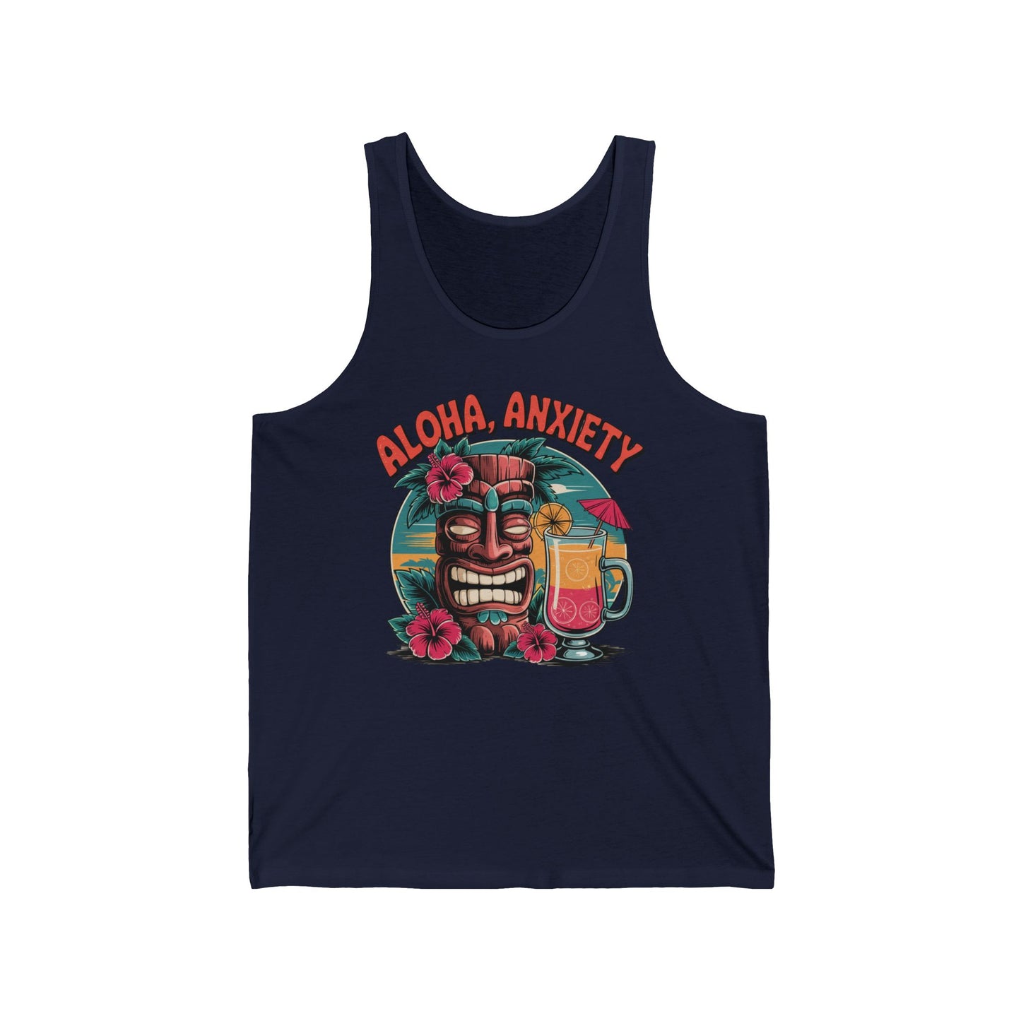 The Aloha Anxiety Unisex Jersey Tank - Relaxed Summer Vibes Shirt features a navy blue design with a tiki mask, hibiscus flowers, tropical drink, and bold Aloha, Anxiety text. Lightweight and breathable—ideal for summer trips.