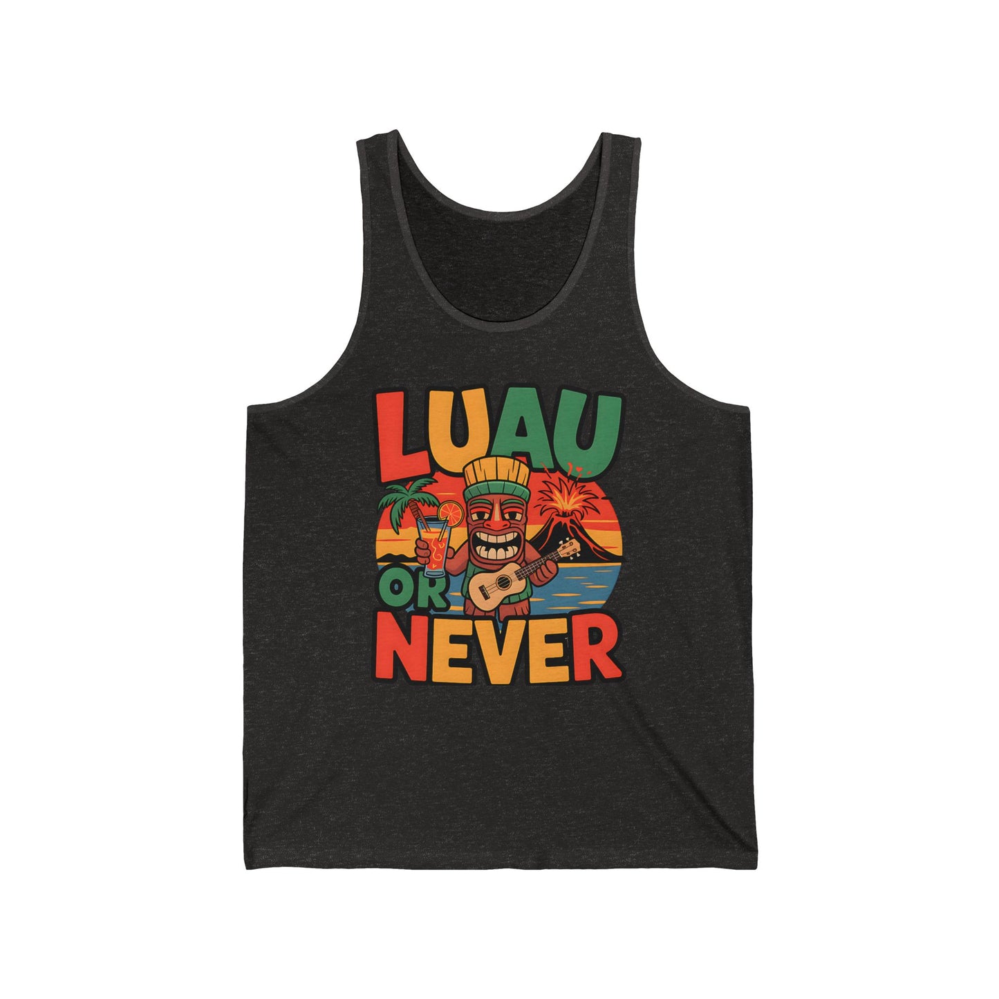 The Luau Or Never Unisex Jersey Tiki Tank Top features a vibrant tiki statue, palm trees, and sunset design with bold LUAU OR NEVER text—perfect summer vibes for gatherings or relaxing beach days.