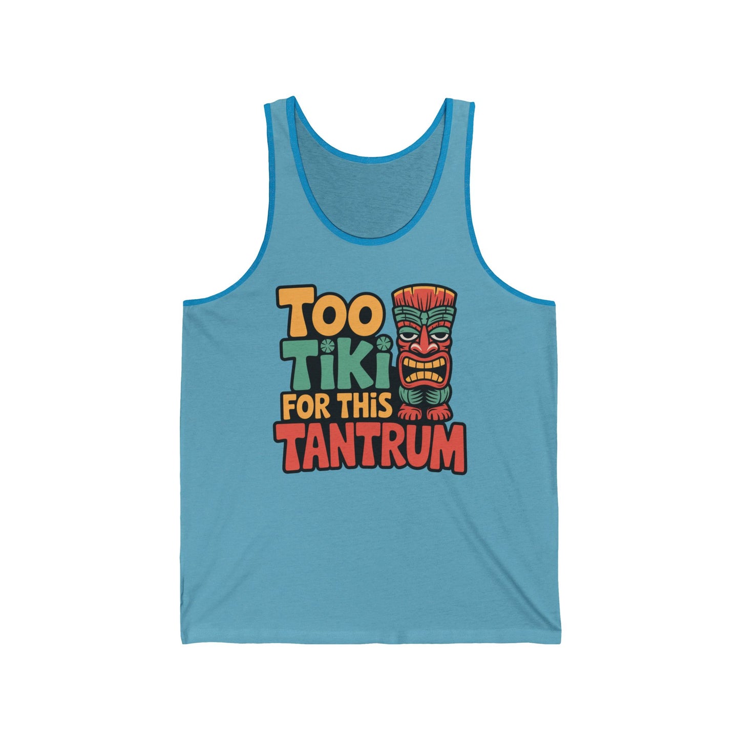 The Tiki Tantrum Unisex Jersey Tank Top is a light blue, lightweight summer top featuring colorful “Too Tiki For This Tantrum” text and a vibrant cartoon tiki mask—perfect for the beach, parties, or standout warm-weather style.