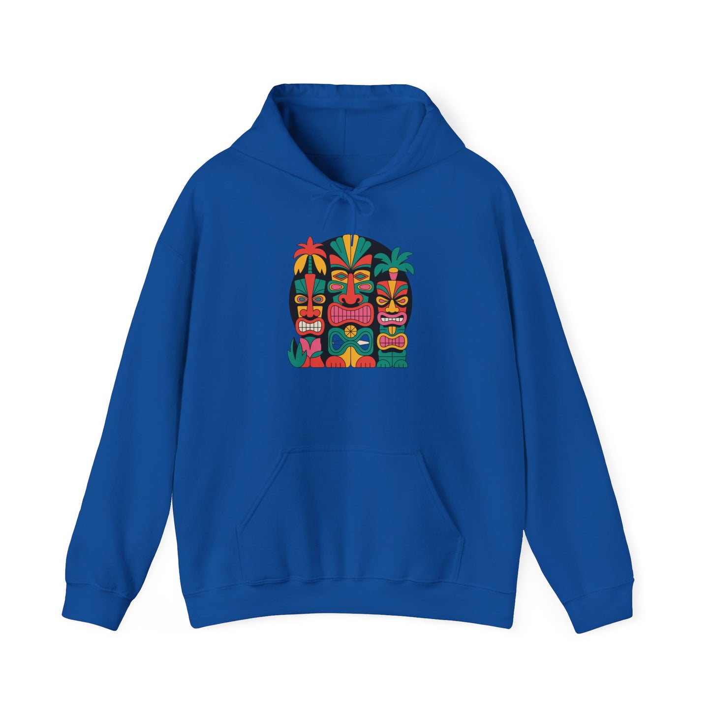 The Tropical Vibe Tiki Hooded Sweatshirt - Unisex Heavy Blend™ showcases three colorful tiki faces and vibrant palm trees on the chest, with a cozy kangaroo pocket and adjustable drawstring hood for comfort and style.