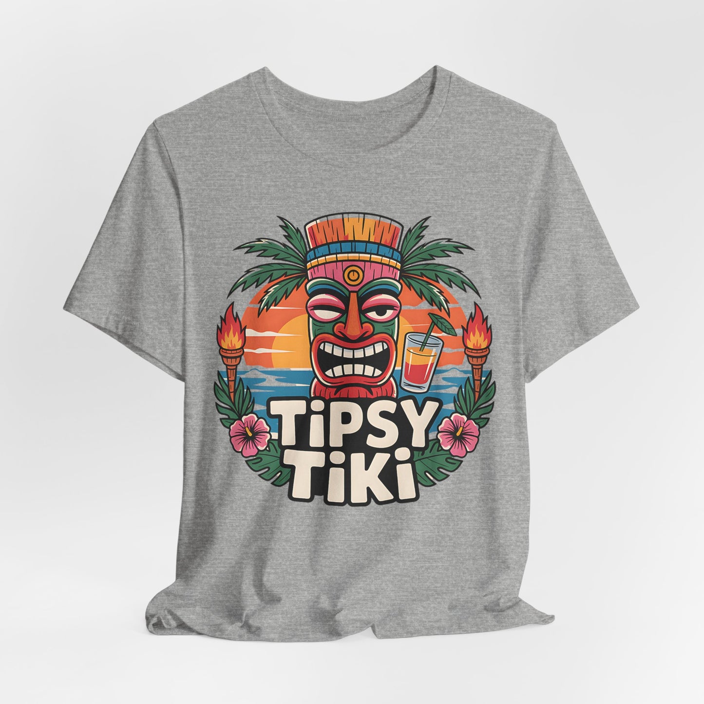 Gray t-shirt with 'Tipsy Tiki' graphic design on a white background