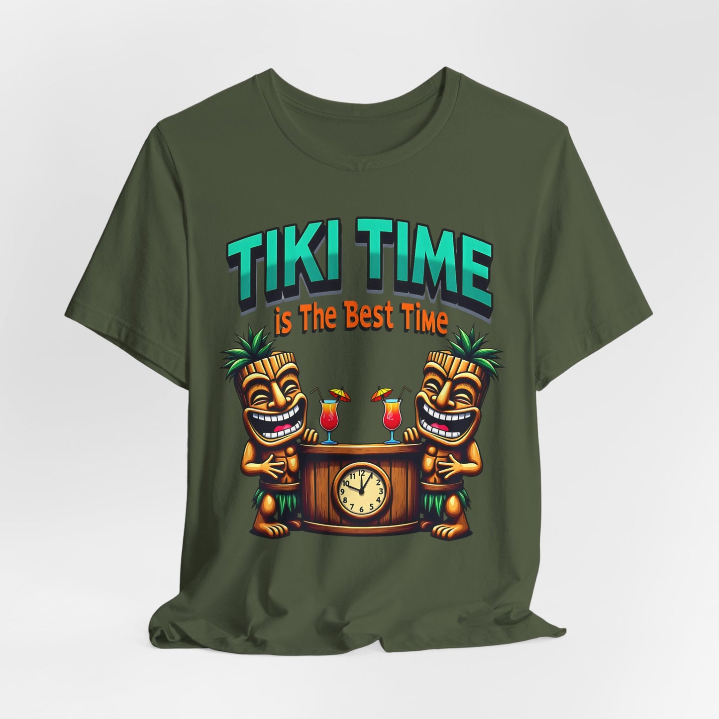 The Tiki Time Unisex Jersey T-Shirt features a vibrant tiki-themed graphic with two tiki figures and cocktails by a clock, “TIKI TIME” text above, and “is The Best Time.” below. Made from soft Airlume combed cotton—perfect for beach lovers.