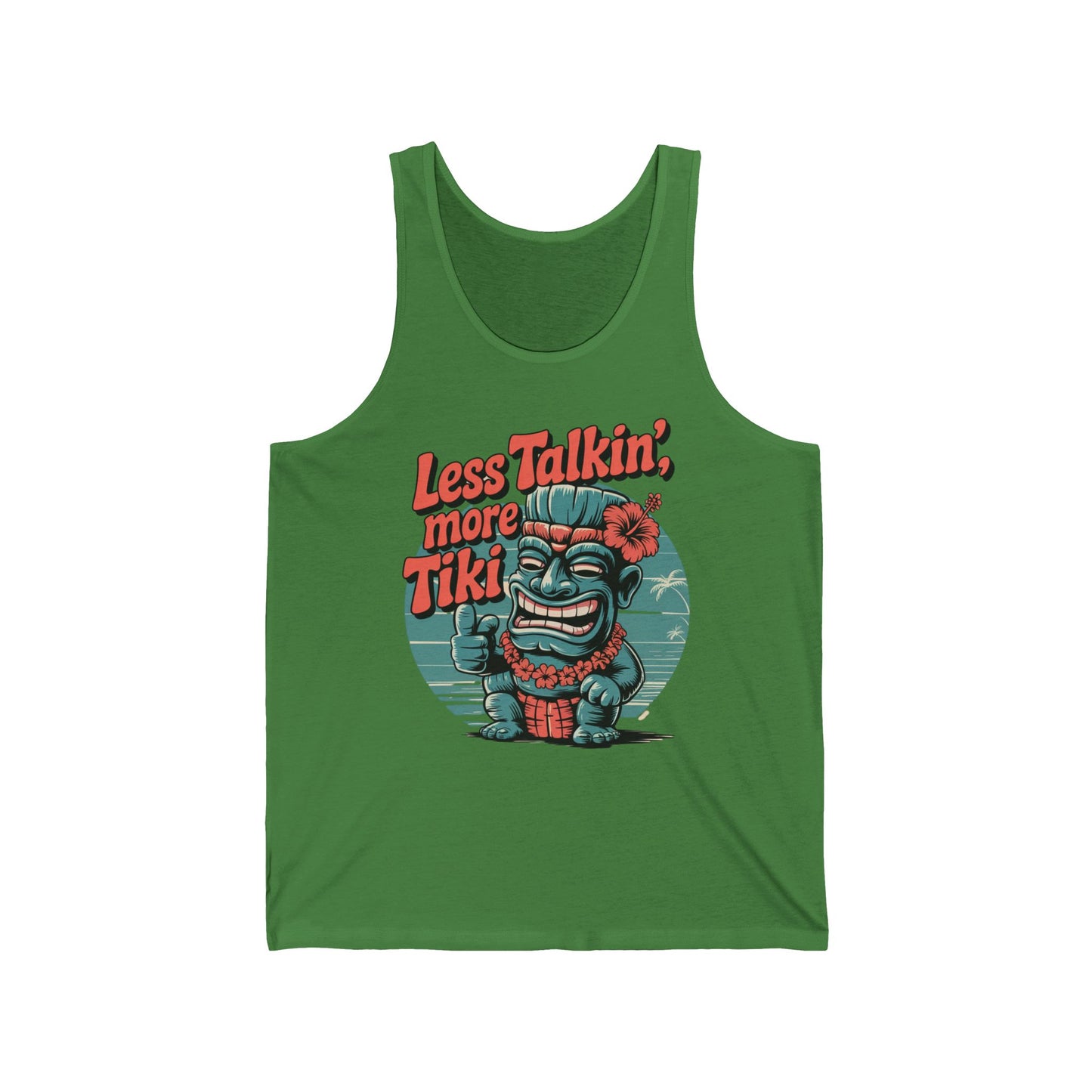 Stay cool in the Less Talkin, More Tiki - Tiki Vibes Unisex Jersey Tank. This ultra-soft cotton tank features a tiki character with a flower, red necklace, palm trees, and the phrase Less Talkin, more Tiki! in orange and red.
