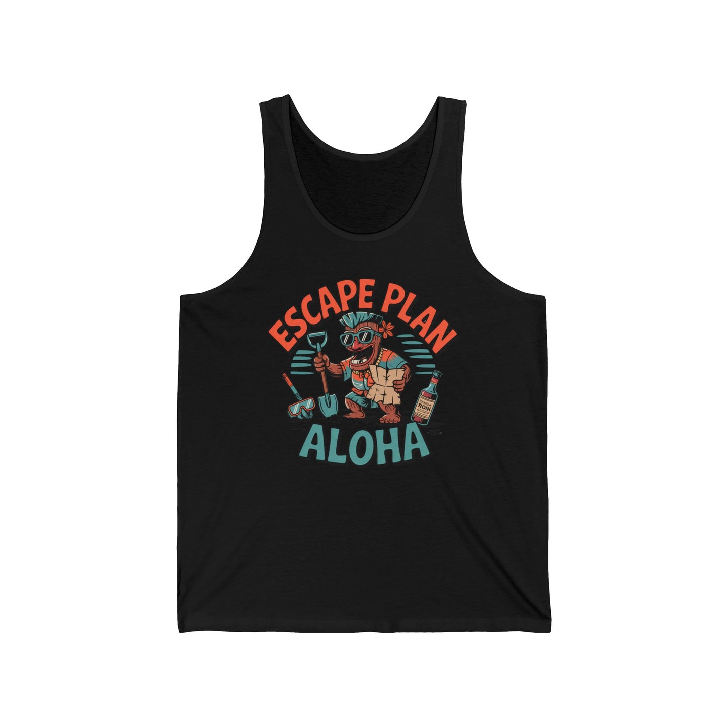 The Aloha Escape Plan Unisex Jersey Tiki Tank Top showcases a cartoon bear in snorkel gear and swim trunks with a drink, plus ESCAPE PLAN and ALOHA in playful fonts. Made from breathable fabric—perfect for summer adventures!.