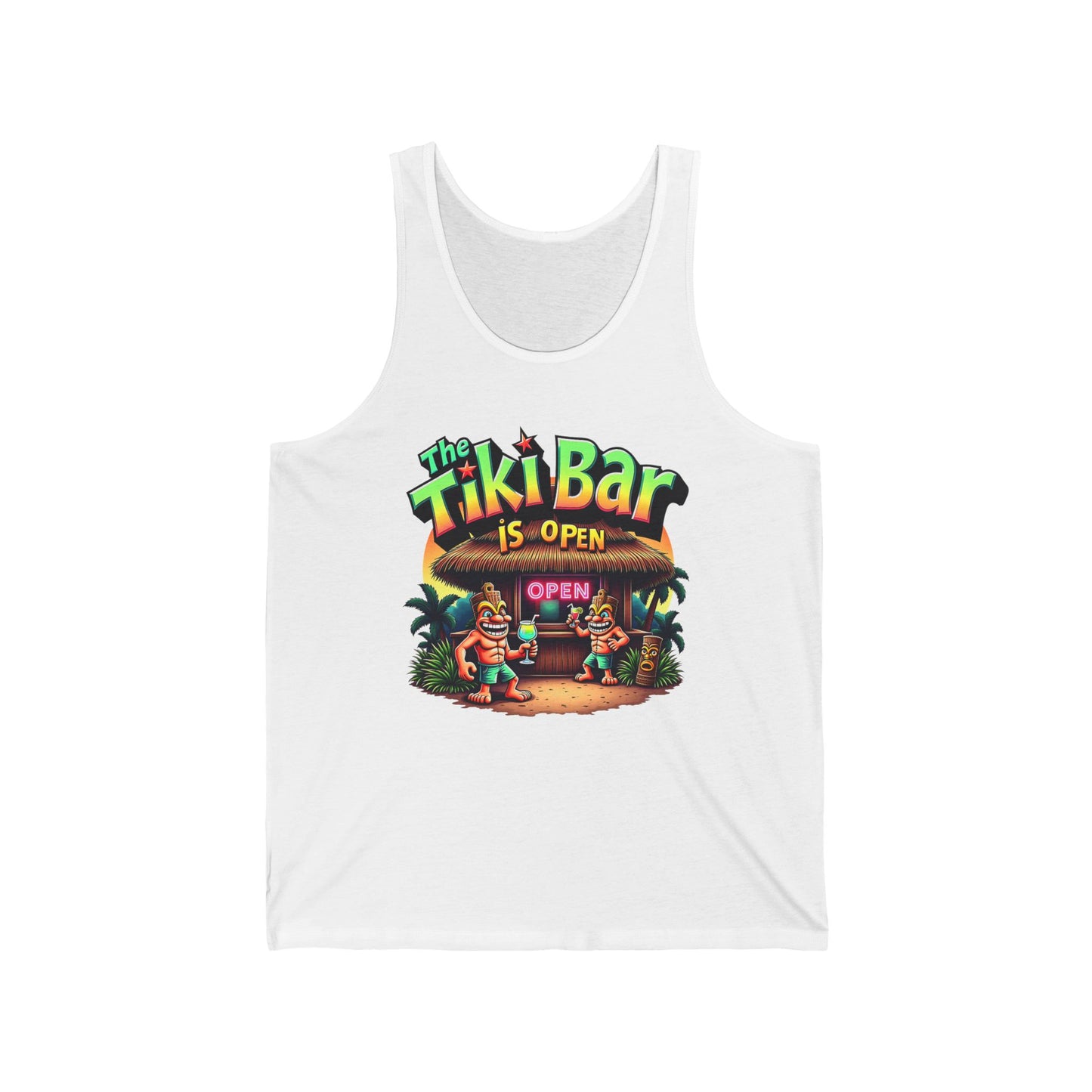 The Tiki Bar Unisex Jersey Tiki Tank Top features a vibrant tiki bar scene with palm trees, two tiki statues, and neon-style The Tiki Bar Is Open text. Enjoy lightweight comfort and fun summer vibes—perfect for beach lovers!.
