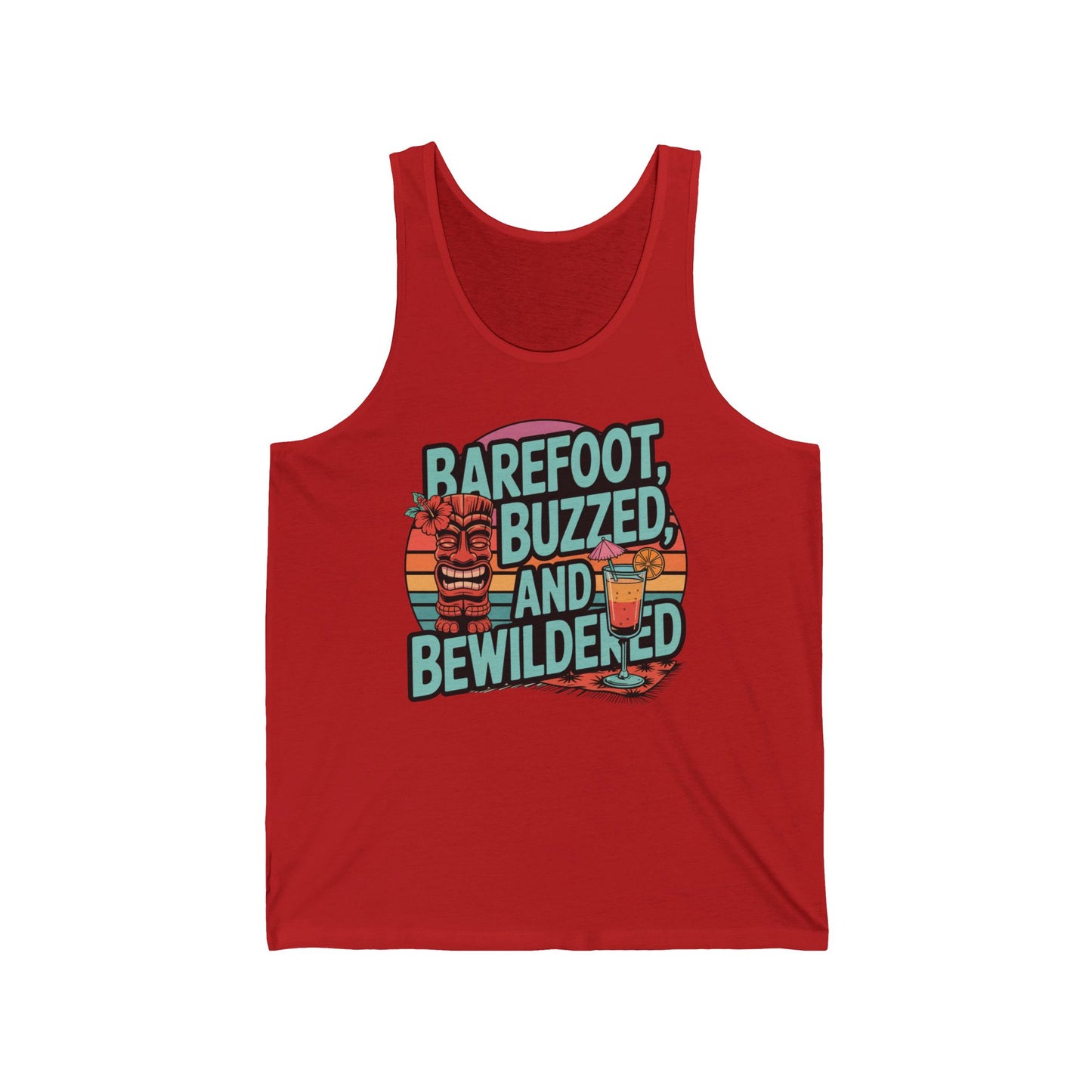 The Summer Vibes Unisex Tank Top features a retro sunset graphic with Barefoot, Buzzed, and Bewildered text—complete with flip-flops and a tropical drink—perfect for your beachwear collection.