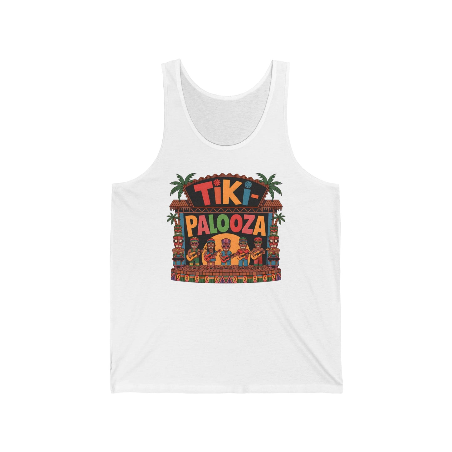 The Tiki Palooza Unisex Jersey Tiki Tank Top brings summer vibes with a vibrant festival-ready graphic of palm trees, tiki statues, and five people in Hawaiian attire—perfect for adding color to your wardrobe.