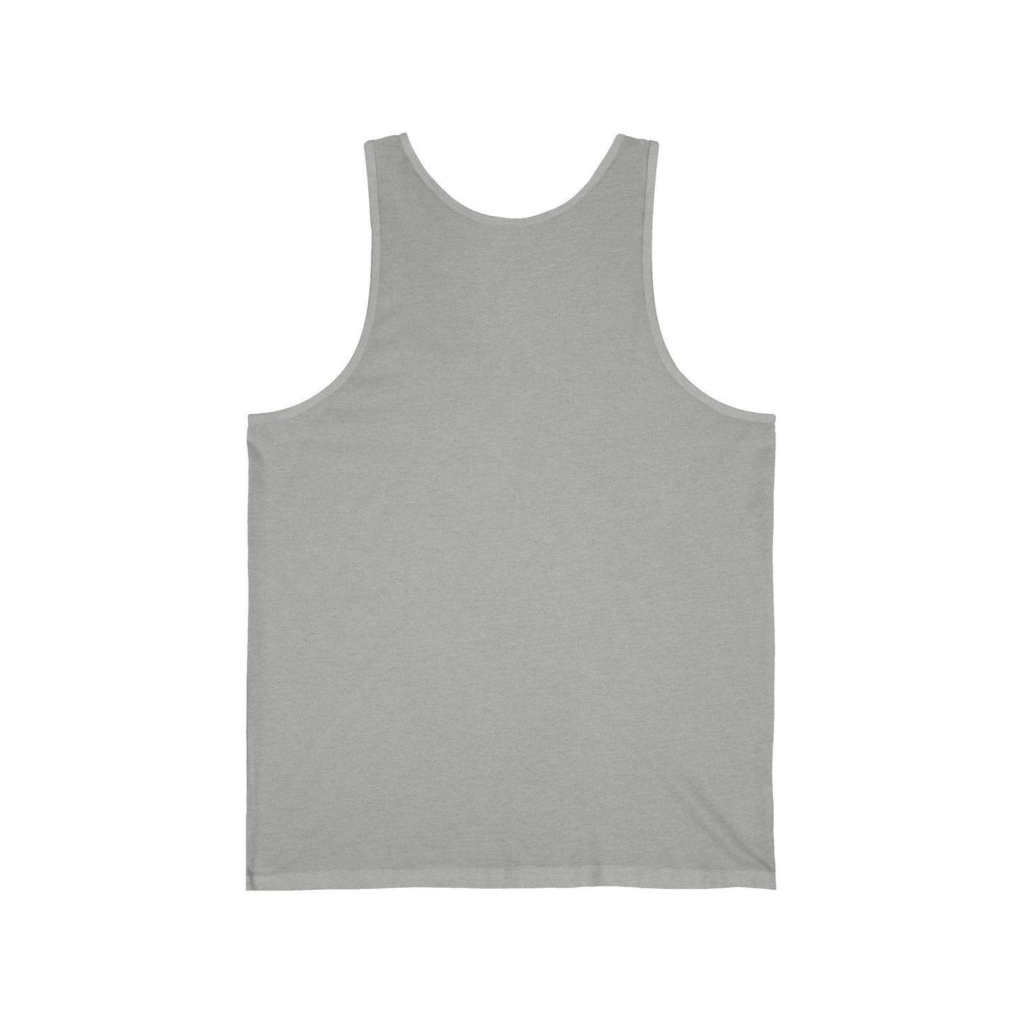 The Drunken Kraken Unisex Jersey Tank – Unleash the Rum! – is shown laid flat, back side up. With wide straps and a sleeveless design, it’s ideal for ocean adventures or relaxing at summer festivals.