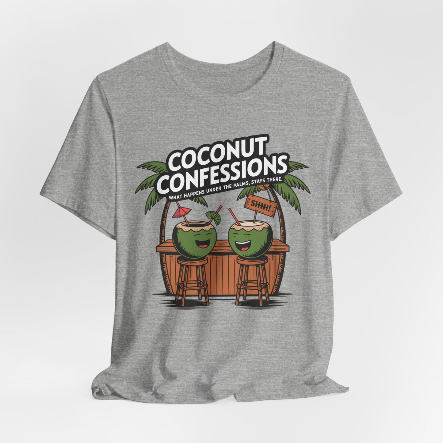 The Coconut Confessions Unisex Tiki T-Shirt - Fun Summer Vibes features soft Airlume cotton and a playful cartoon of coconuts chatting at a tiki bar under palm trees, with bold COCONUT CONFESSIONS text above.