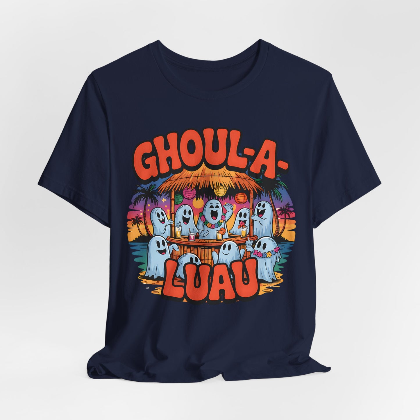 Navy blue t-shirt with 'Ghoul-A-Luau' graphic design featuring ghosts around a tropical hut.