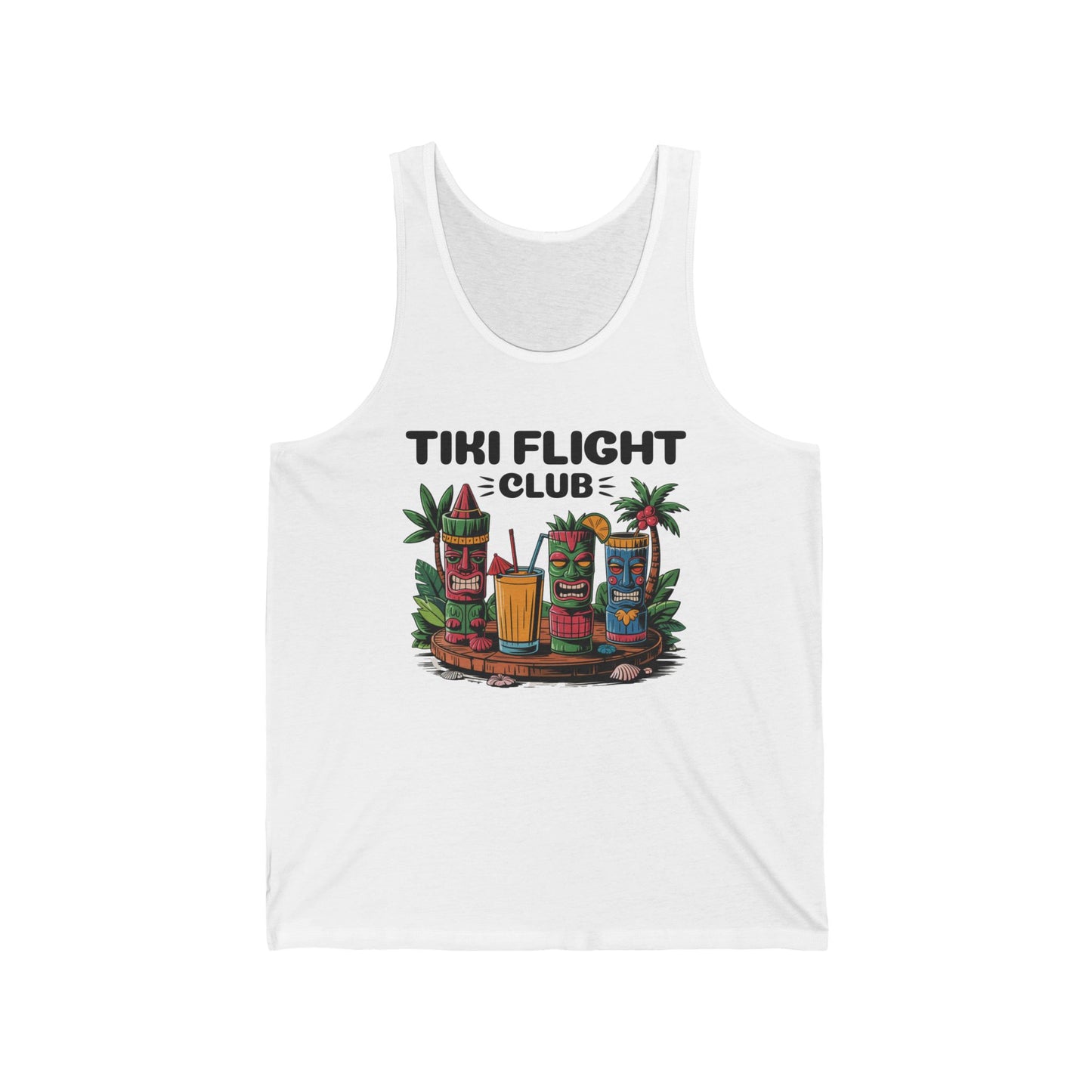 The Tiki Flight Club Unisex Jersey Tiki Tank Top features a vibrant image of five tiki mugs and tropical drinks with leaves, plus TIKI FLIGHT CLUB text—ideal for summer luaus and capturing a true tropical vibe.