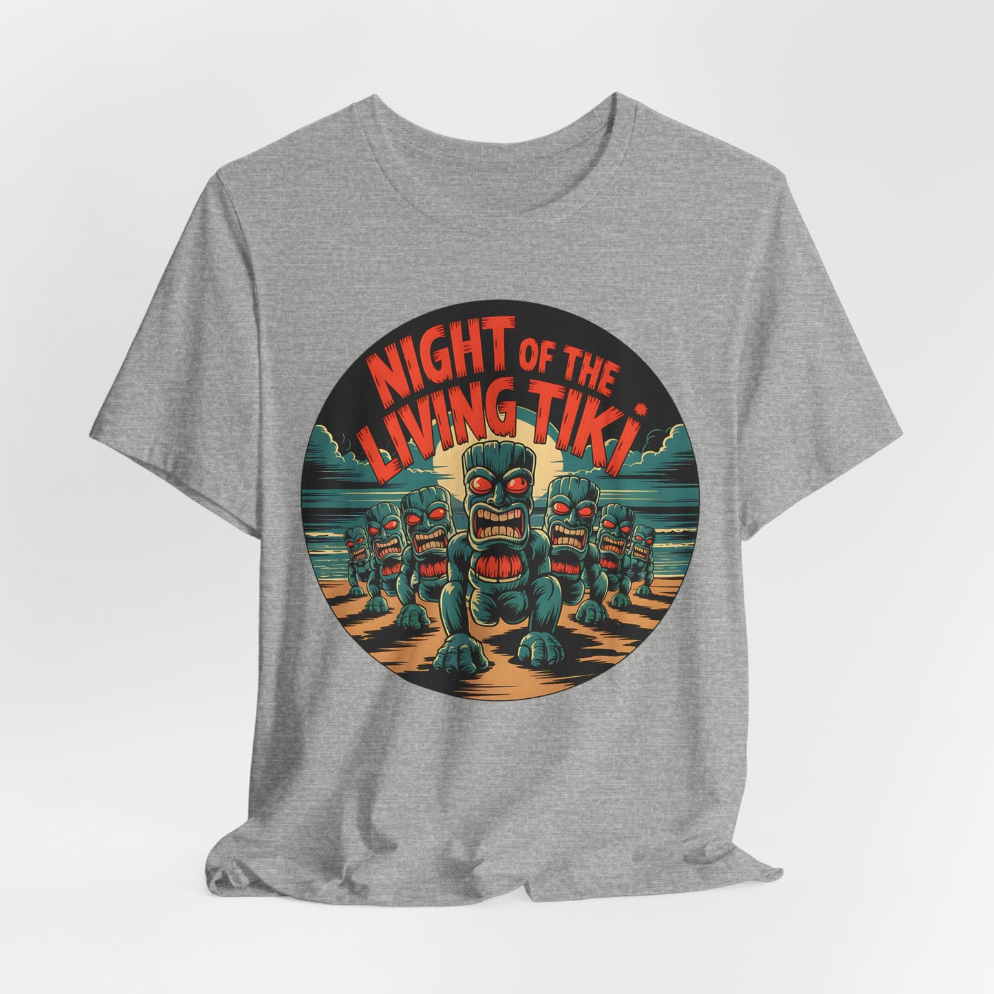 Gray t-shirt with 'Night of the Living Tiki' graphic design on a white background