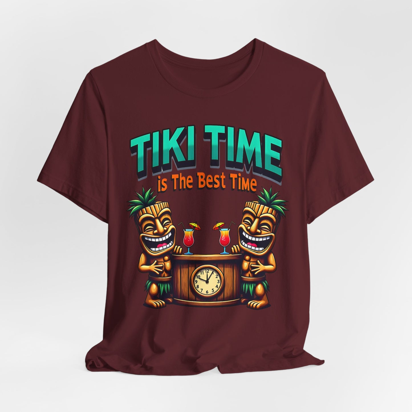 The Tiki Time Unisex Jersey T-Shirt features vibrant tiki statues, a wooden clock, tropical drinks, and bold TIKI TIME is The Best Time text. Made from ultra-soft Airlume combed cotton—perfect for beach lovers!.