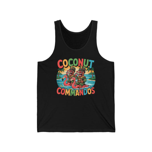 The Coconut Commandos Unisex Jersey Tiki Tank Top features colorful cartoon monkeys in army hats on flamingos with coconuts, against a tropical island background. Relaxed fit—perfect for summer fun. Coconut Commandos text appears above and below the design.