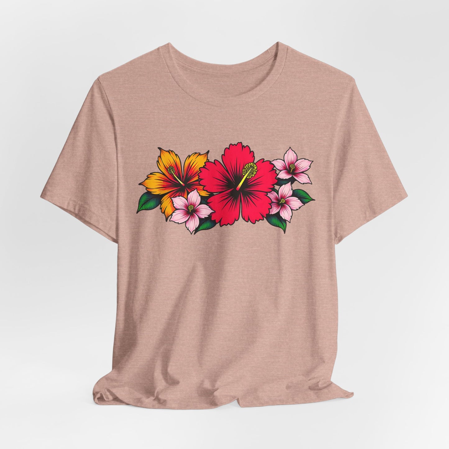 The Tropical Floral Unisex Jersey T-Shirt is light brown with bold yellow, red, and pink hibiscus flowers across the chest—ideal for summer and beach days. Perfect for casual gatherings and showcased on a plain white background.